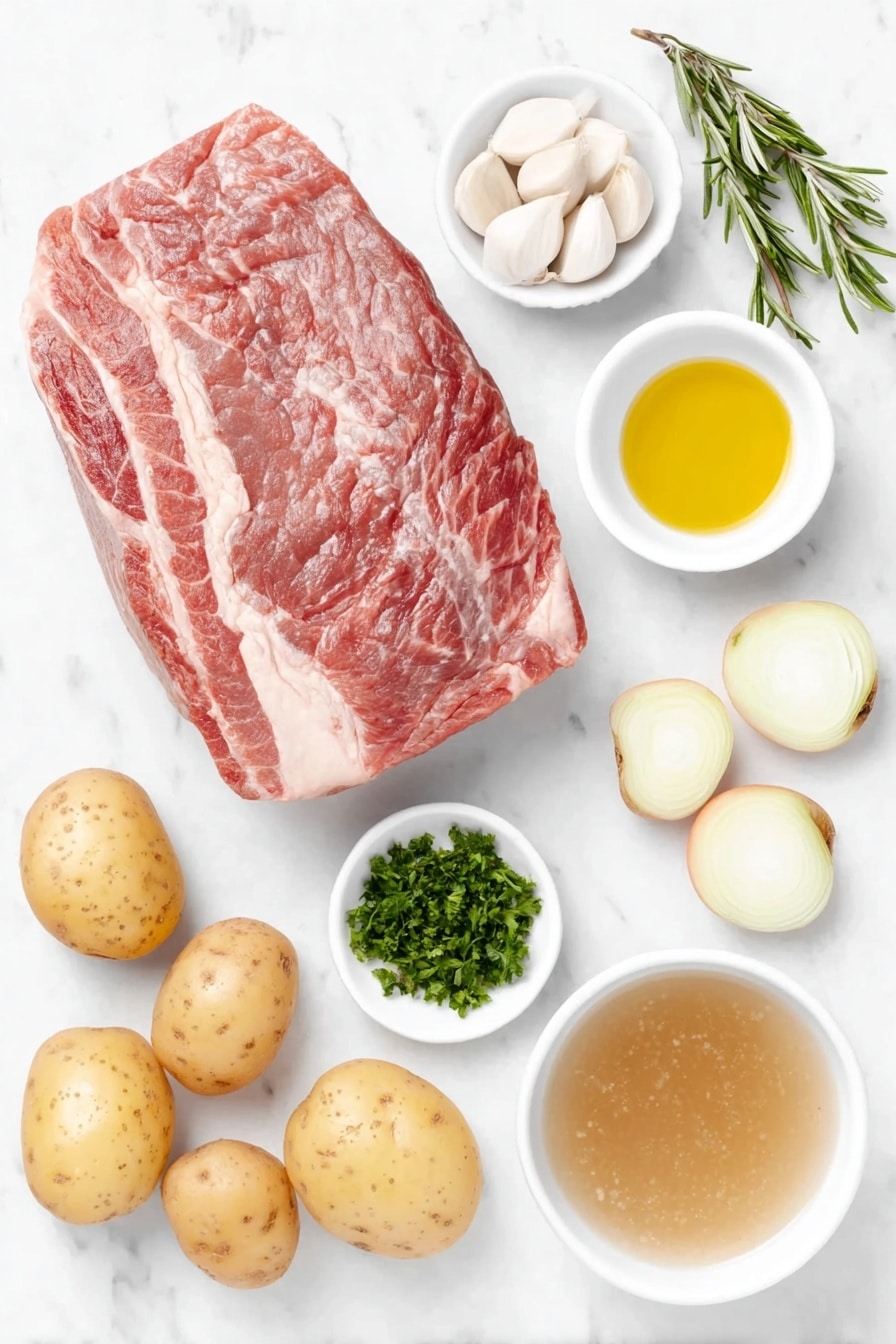 Flat lay of a large raw chuck roast with rich marbling, a medium yellow onion halved and cut into thick slices, five peeled whole garlic cloves, a handful of small whole Yukon gold potatoes, five peeled medium carrots cut into thick pieces, a small white ceramic bowl of golden olive oil, a small white bowl filled with clear beef broth, a tiny white bowl with a dark Worcestershire sauce, fresh thyme sprigs, fresh rosemary sprigs, and a small heap of chopped fresh parsley all arranged with perfect symmetry on a clean white marble surface, soft natural light, photo taken with an iPhone, professional food photography style, fresh ingredients, white ceramic bowls, no bottles, no duplicates, no utensils, no packaging --ar 2:3 --v 7 --p m7354615311229779997 - Slow Cooker Pot Roast, best pot roast recipe, easy beef roast, tender slow cooker beef, comforting dinner idea