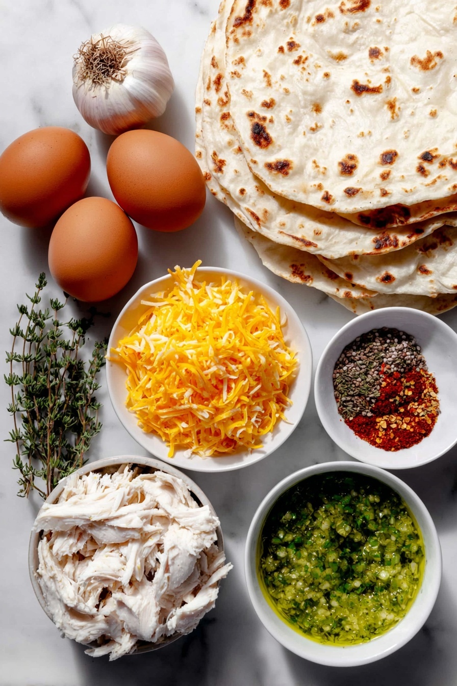 Flat lay of two whole brown eggs with clean shells, a small white ceramic bowl of golden olive oil, half a fresh yellow onion diced, two cloves of garlic whole and unpeeled, a small white ceramic bowl filled with bright green tomatillo salsa verde, a pile of roughly chopped rotisserie chicken pieces, a neat stack of soft corn tortillas, a small white ceramic bowl heaped with shredded Mexican cheese blend, and small fresh sprigs of oregano and cumin seeds arranged symmetrically, placed on a clean white marble surface, soft natural light, photo taken with an iPhone, professional food photography style, fresh ingredients, white ceramic bowls, no bottles, no duplicates, no utensils, no packaging --ar 2:3 --v 7 --p m7354615311229779997 - Green Chile Chicken Enchiladas, Chicken Enchiladas with Green Chile, Easy Green Chile Enchiladas, Cheesy Chicken Enchiladas, Mexican Green Chile Enchiladas