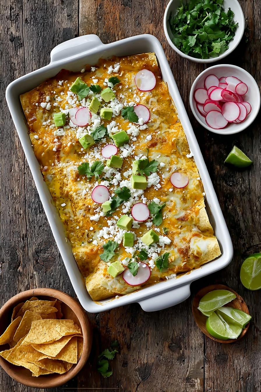 A white rectangular baking dish holds a layered enchilada casserole with a base of pale yellow tortilla chips covered by melted golden and white cheese. The top layer is decorated with small green avocado cubes, thin round slices of red and white radishes, and fresh bright green cilantro leaves scattered over the dish. White crumbled cheese is sprinkled on top, adding a textured look. Around the dish, small white bowls contain fresh green cilantro leaves, red and white radish slices, and wedges of bright green lime. A small wooden bowl with light golden tortilla chips sits near the bottom. All items rest on a dark wooden table with deep cracks and textures, contrasting with the food. photo taken with an iphone --ar 2:3 --v 7 - Green Chile Chicken Enchiladas, Chicken Enchiladas with Green Chile, Easy Green Chile Enchiladas, Cheesy Chicken Enchiladas, Mexican Green Chile Enchiladas