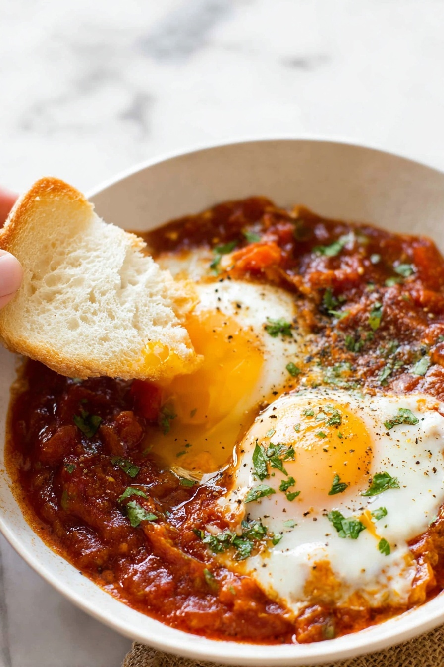 A white bowl filled with a thick, red tomato sauce base that has a chunky texture with visible pieces of tomato and herbs, topped with two cooked eggs with bright yellow yolks and white edges, sprinkled with chopped green herbs and black pepper. A piece of soft white bread is dipped into the runny yolk in the center of the bowl, held by a woman's hand. The background is a white marbled texture photo taken with an iphone --ar 2:3 --v 7 - Shakshuka with Spiced Tomato and Eggs, Middle Eastern breakfast dish, flavorful egg recipes, easy brunch ideas, tomato and egg skillet