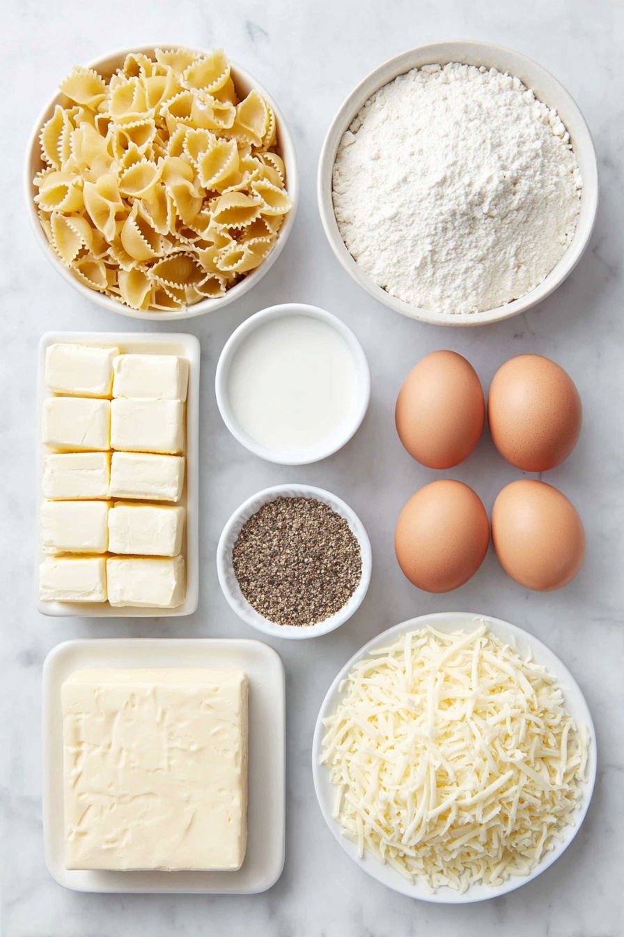 Flat lay of dry pasta shells, a few sticks of salted butter, a small mound of all-purpose flour, a small heap of kosher salt crystals, a small pile of onion powder, a small pile of garlic powder, a small white bowl filled with freshly ground black pepper, a small white bowl containing whole milk, a small mound of shredded sharp cheddar cheese, a small mound of shredded gruyere cheese, two whole uncracked brown eggs placed neatly side by side, all arranged in perfect symmetry with balanced spacing on simple white ceramic bowls and plates, placed on a clean white marble surface, soft natural light, photo taken with an iPhone, professional food photography style, fresh ingredients, white ceramic bowls, no bottles, no duplicates, no utensils, no packaging --ar 2:3 --v 7 --p m7354615311229779997 - Quick Stove-Top Mac and Cheese, creamy mac and cheese, easy homemade mac and cheese, 25-minute comfort food, cheesy short pasta dish