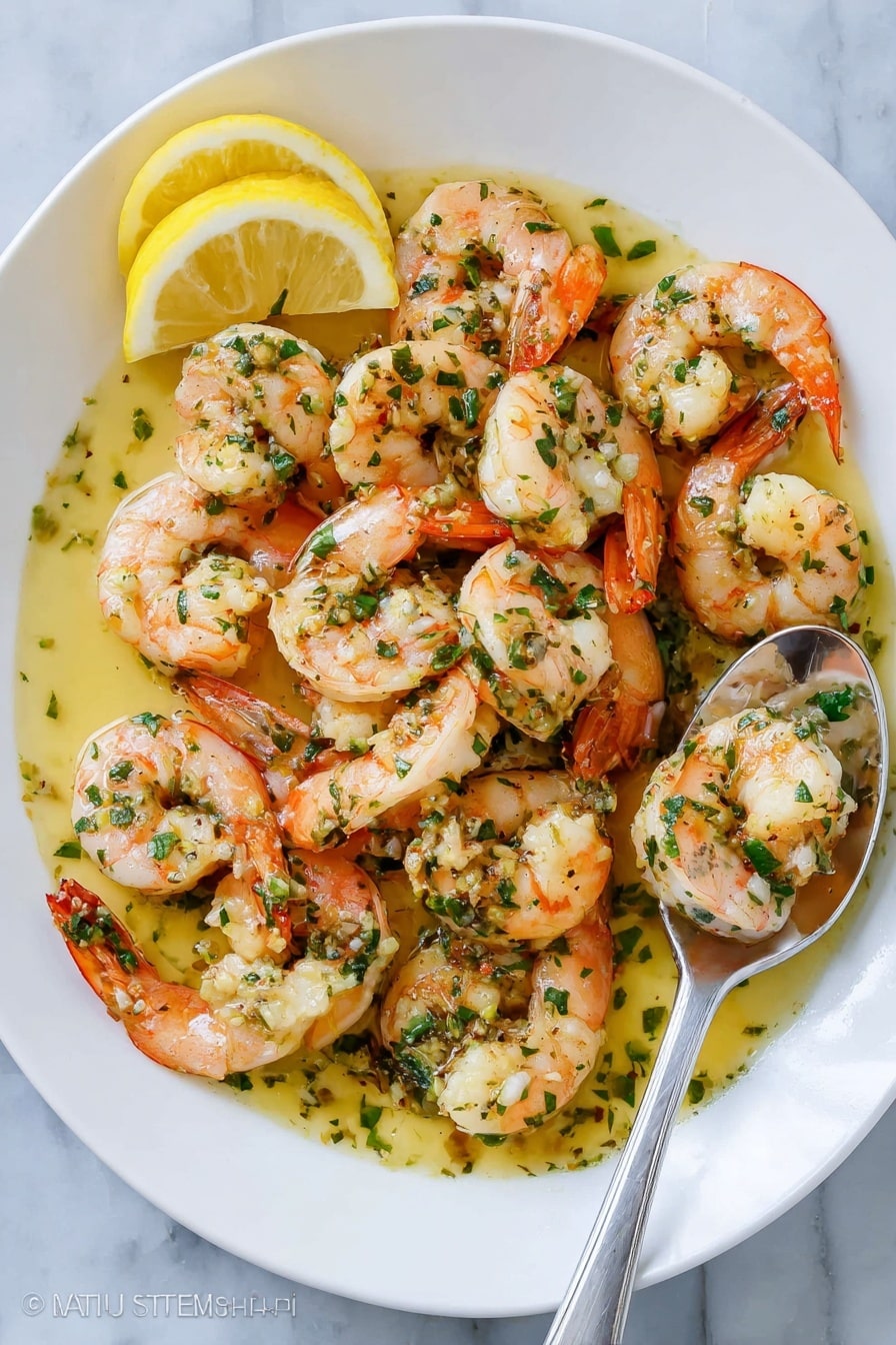 A white round plate holds about two dozen cooked shrimp arranged in a loose pile. The shrimp have a pinkish-orange color with white flesh showing, and they are sprinkled with chopped green herbs. They sit in a glossy, light yellow garlic herb butter sauce that pools around the shrimp. On the left side of the plate, there are two lemon wedges resting against the shrimp. A silver spoon scoops up one shrimp from the right side of the pile. The plate is set on a white marbled surface. photo taken with an iphone --ar 2:3 --v 7 - Quick Garlic Shrimp Scampi, garlic shrimp dinner, easy shrimp recipes, quick seafood dishes, flavorful shrimp scallop
