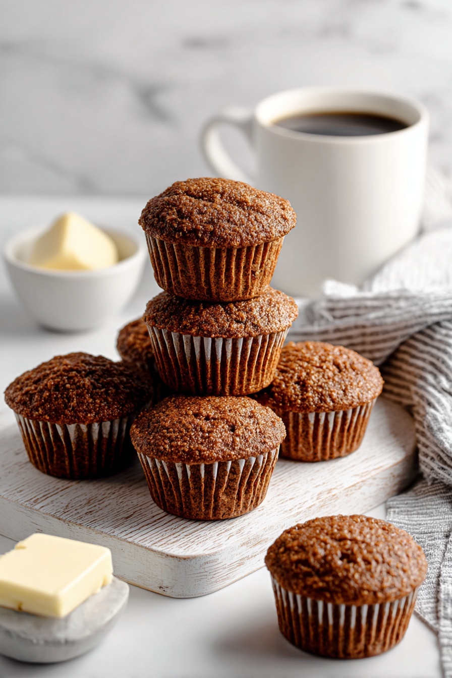 The image shows seven brown muffins with a rough, crackled top texture, arranged on a white wooden board placed on a white marbled surface. Three muffins are stacked in the center, one on top of the other. Around the board, there are four more muffins lying flat. To the right in the background, there is a white cup filled with dark coffee. In the front left corner, a white bowl contains a pat of butter. A gray and white striped cloth is partly visible on the right side. The scene is bright and clear, with a soft light from the left side. Photo taken with an iphone --ar 2:3 --v 7 - Healthy Bran Muffins with Whole Grains, wholesome bran muffins, fiber-rich muffins, moist healthy breakfast muffins, homemade whole grain muffins