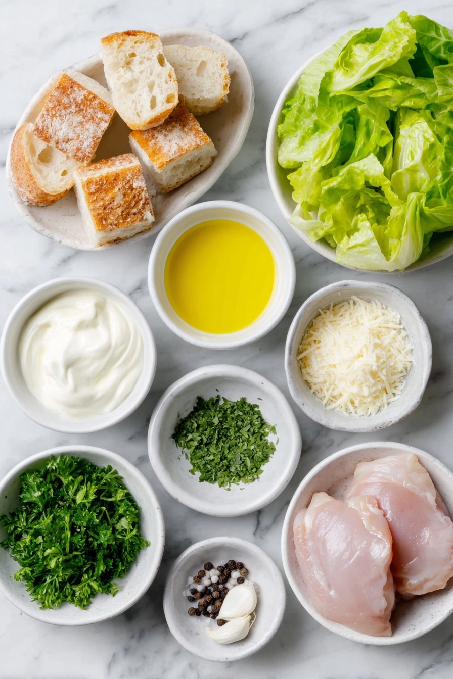 Flat lay of a small white ceramic bowl with extra-virgin olive oil, a small white ceramic bowl with freshly squeezed lemon juice, a small white ceramic bowl with mayonnaise, a small white ceramic bowl with buttermilk, a small white ceramic bowl with Dijon mustard, a small white ceramic bowl with Worcestershire sauce, a small white ceramic bowl with freshly grated Parmesan cheese, a small white ceramic bowl with finely chopped fresh parsley leaves, one whole clove of garlic beside the bowls, a few fresh cracked black peppercorns and coarse kosher salt crystals scattered naturally, roughly chopped fresh romaine lettuce leaves, large cubes of fresh ciabatta bread, and two raw boneless, skinless chicken breasts arranged neatly, placed on a clean white marble surface, soft natural light, photo taken with an iPhone, professional food photography style, fresh ingredients, white ceramic bowls, no bottles, no duplicates, no utensils, no packaging --ar 2:3 --v 7 --p m7354615311229779997 - Ultimate Chicken Caesar Salad with Homemade Croutons, Chicken Caesar Salad, Homemade Caesar Dressing, Fresh Chicken Salad, Easy Caesar Salad