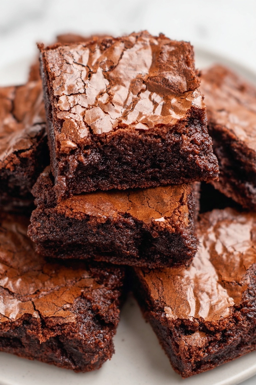 A close-up view of several chocolate brownies stacked on a white plate, each piece showing a cracked, shiny top layer with rich, dark brown color and a dense, slightly textured inside layer beneath. The brownies have irregular edges and a soft, moist look to the inner part, with the top layer featuring a crinkled, delicate surface cracking in places. The plate sits on a white marbled surface. photo taken with an iphone --ar 2:3 --v 7 - Fudgy Almond Flour Brownies, healthy chocolate brownies, gluten-free dessert recipes, easy almond flour brownies, indulgent chocolate treats