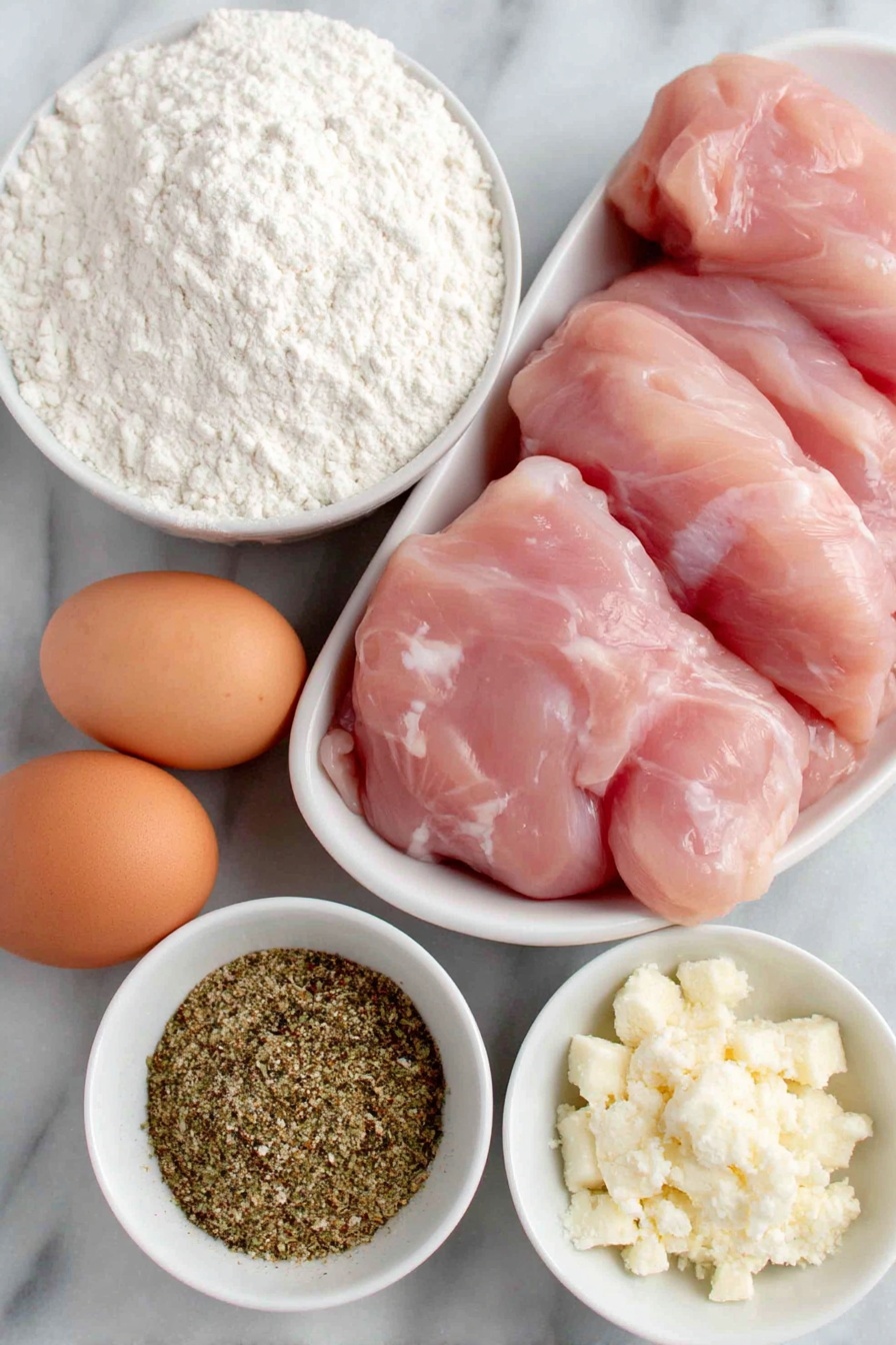 Flat lay of fresh raw chicken tenderloins arranged neatly, a small white bowl of all-purpose flour, two whole uncracked brown eggs, a small white bowl of finely crushed saltine cracker crumbs, a small white bowl of mixed seasoning powder blending salt, black pepper, garlic powder, poultry seasoning, and crushed chicken bouillon cube, placed on a clean white marble surface, soft natural light, photo taken with an iPhone, professional food photography style, fresh ingredients, white ceramic bowls, no bottles, no duplicates, no utensils, no packaging --ar 2:3 --v 7 --p m7354615311229779997 - Saltine Crusted Chicken Tenders, crispy chicken tenders, easy chicken tenders recipe, crunchy chicken tenders, quick chicken dinner