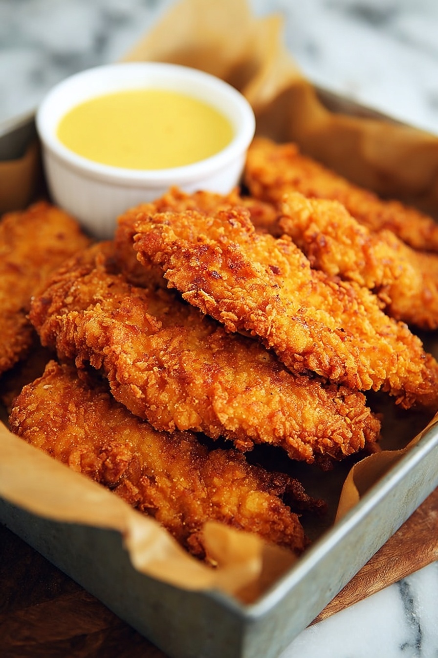 Several golden brown crispy fried chicken strips are stacked in a gray metal tray lined with tan parchment paper. The chicken strips have a rough, crunchy texture with a deep orange color. To the left side inside the tray, there is a small white bowl filled with yellow dipping sauce. The background is a white marbled texture. photo taken with an iphone --ar 2:3 --v 7 - Saltine Crusted Chicken Tenders, crispy chicken tenders, easy chicken tenders recipe, crunchy chicken tenders, quick chicken dinner