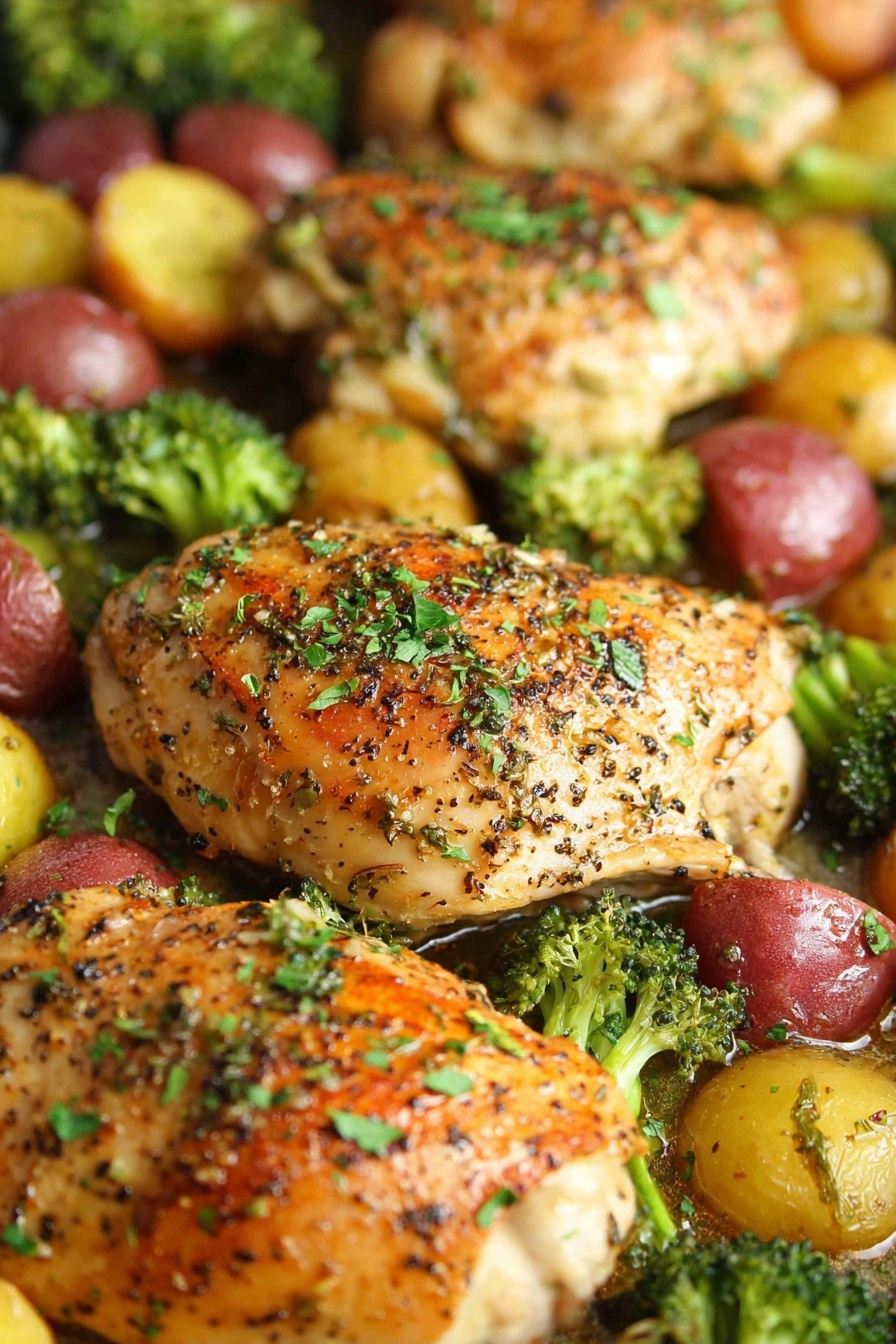 The image shows a close-up of a baked dish with three large, golden-brown chicken pieces that are seasoned with black pepper, garlic, and chopped green herbs on top. Around the chicken, there are small green broccoli clusters and halved baby red and yellow potatoes with some light seasoning. The food is arranged closely together on a flat surface with a shiny, slightly oily texture hinting at it being roasted or baked. Photo taken with an iphone --ar 2:3 --v 7 - Honey Garlic Chicken with Veggies, Honey Garlic Chicken, Easy One-Pan Chicken Dinner, Quick Weeknight Chicken, Healthy Chicken and Veggies