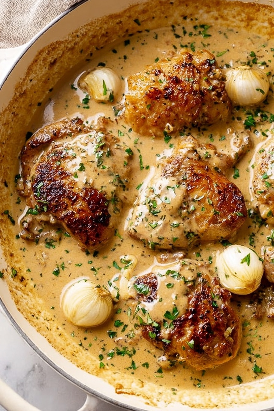 This dish shows four pieces of browned chicken covered in a thick, creamy light brown sauce with visible green herbs mixed in. Around the chicken, there are small whole garlic cloves that are slightly shiny from the sauce. The chicken and sauce fill most of a white round pan, and the surface underneath is a white marbled texture. The edges of the pan show some sauce splashes, and the chicken pieces have a rough texture with browned spots. Photo taken with an iphone --ar 2:3 --v 7 - Creamy Garlic Chicken Skillet, creamy garlic chicken, garlic chicken recipe, one-pan chicken dinner, easy chicken skillet