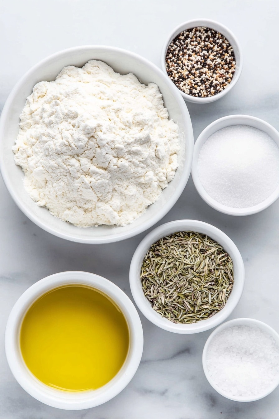 Flat lay of a simple white ceramic bowl filled with smooth white all-purpose flour, a small white bowl containing sparkling granulated sugar, a small white bowl heaped with a colorful blend of Everything Bagel seasoning seeds and herbs, a tiny white bowl with fine sea salt crystals, a small white bowl holding glossy golden olive oil, and another small white bowl with warm clear water, all ingredients fresh and natural, arranged symmetrically with perfect proportions, placed on a clean white marble surface, soft natural light, photo taken with an iPhone, professional food photography style, fresh ingredients, white ceramic bowls, no bottles, no duplicates, no utensils, no packaging --ar 2:3 --v 7 --p m7354615311229779997 - Homemade Everything Bagel Crackers, homemade cracker recipes, savory snack ideas, easy homemade crackers, bagel seasoning snacks