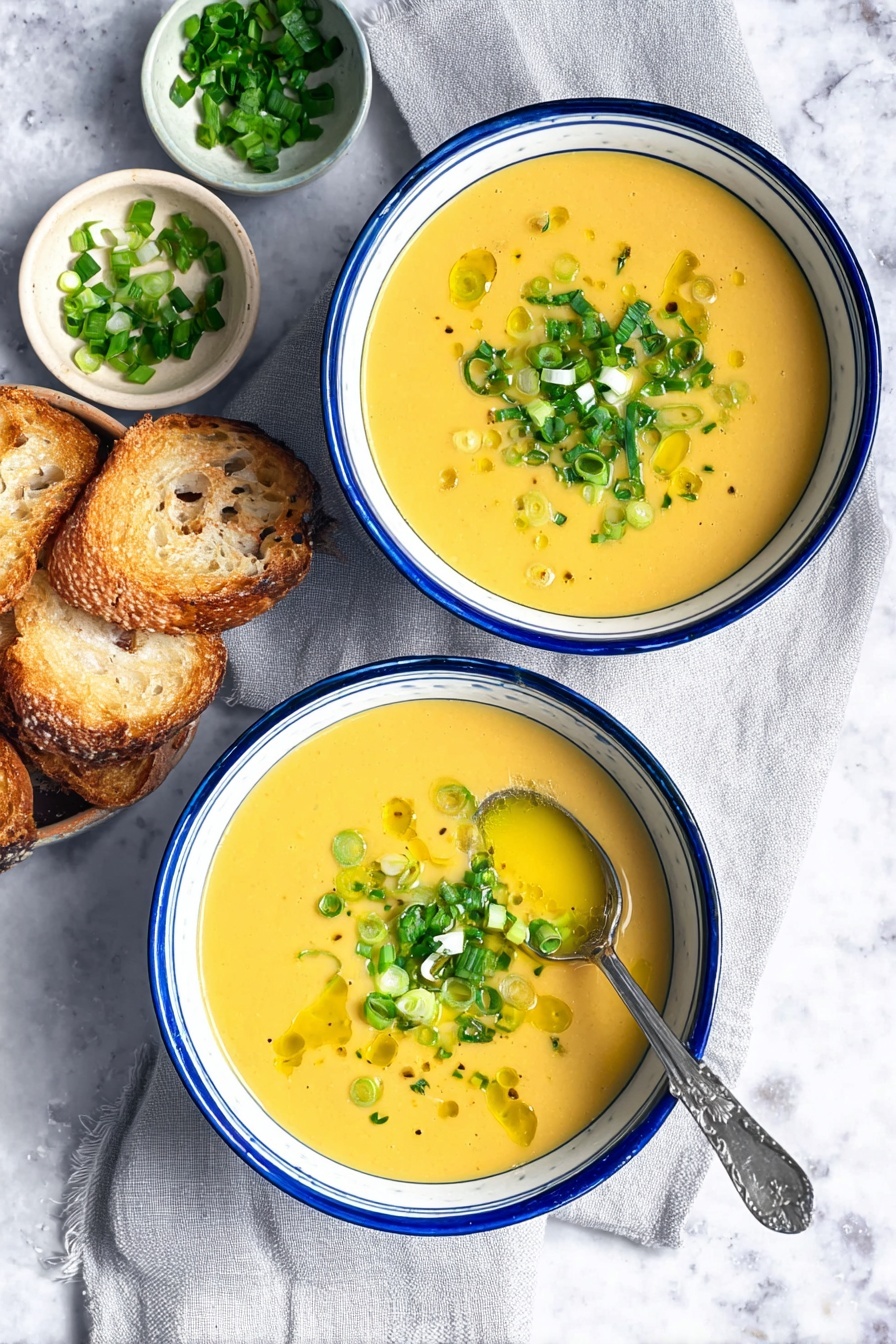 Two white bowls with blue rims filled with smooth yellow soup, placed on a white marbled surface. Each bowl has a silver spoon resting inside, partly submerged in the soup. On top of the soup is a garnish of chopped green onions and fresh green herbs, with a drizzle of olive oil around them. To the side, there are two pieces of toasted golden brown bread on a light gray cloth, and nearby are small white bowls with green herbs and extra chopped green onions. Photo taken with an iphone --ar 2:3 --v 7 - Healthy Potato Soup, healthy potato soup recipe, nutritious potato soup, comforting healthy soup, easy healthy potato soup
