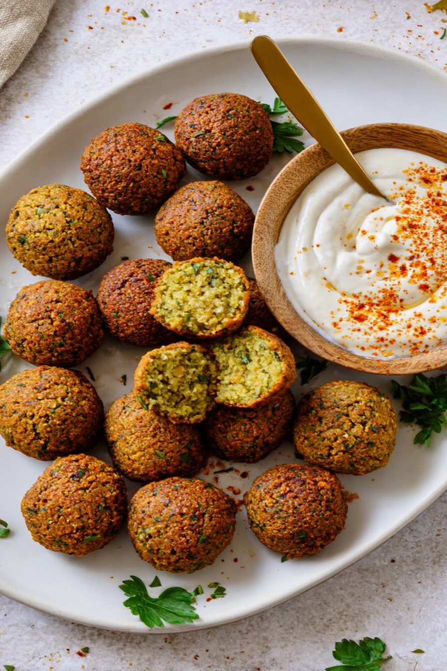 A white oval plate holds fifteen round falafel balls arranged close together, with two falafels split open to show a greenish, crumbly inside. The falafels are golden brown with a crispy texture and small flecks of green herbs. On the right side of the plate, there is a small round wooden bowl filled with white dipping sauce sprinkled with reddish-orange spices on top. A gold spoon rests inside the bowl, its handle extending outward. Small green parsley leaves are scattered on the plate and the white marbled surface beneath. Photo taken with an iphone --ar 2:3 --v 7 - Air Fryer Falafel, healthy falafel recipe, crispy homemade falafel, quick falafel in air fryer, vegan falafel recipe