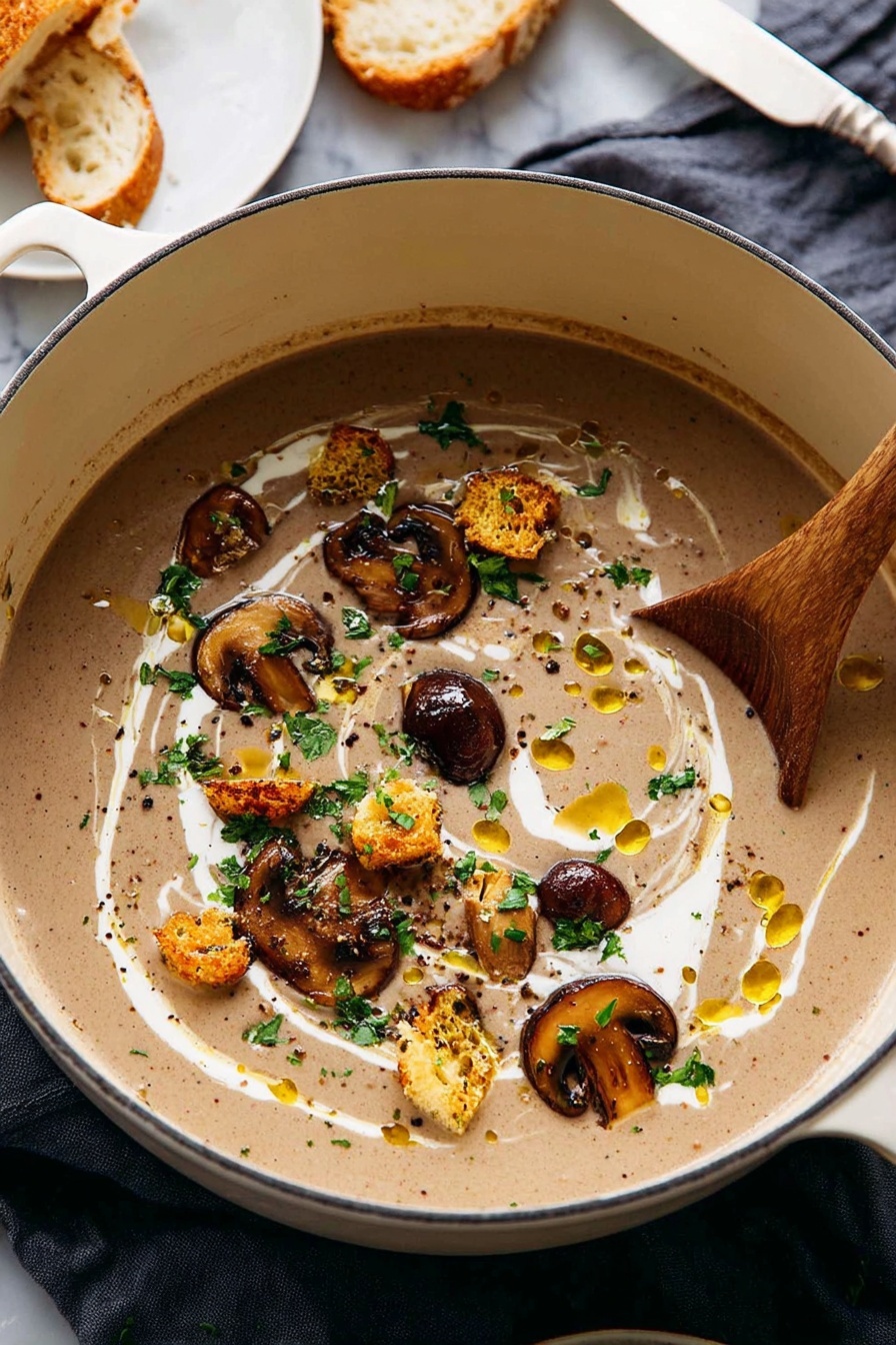 A white pot filled with creamy light brown mushroom soup topped with small dark brown sliced mushrooms, golden brown croutons, and bright green herb leaves scattered evenly on the surface. There are swirls of white cream and small drops of golden oil floating on top. A wooden spoon is resting inside the pot, partially covered by the soup. The pot sits on a dark cloth over a white marbled surface, and in the background, part of a white plate with a slice of bread and a butter knife is visible. Photo taken with an iphone --ar 2:3 --v 7 - Creamy Mushroom Soup, mushroom soup recipe, hearty mushroom soup, easy mushroom soup, cozy mushroom soup