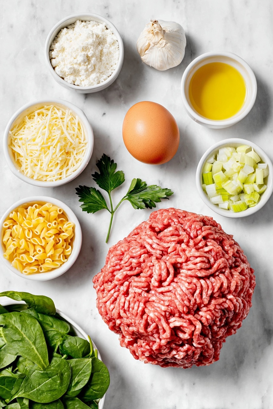 Flat lay of fresh lean ground beef shaped into a small mound, a natural pink ground pork portion, a small white ceramic bowl filled with fresh white bread crumbs, a sprig of bright green parsley, a few leaves of fresh oregano, a small white bowl with finely shredded parmesan cheese, one whole clean uncracked brown egg, a small white bowl with golden olive oil, chopped orange carrots arranged neatly, diced yellow onion pieces, chopped green celery stalks, four whole garlic cloves, a small white bowl filled with dry acini di pepe pasta, a pile of roughly chopped fresh baby spinach leaves, all ingredients placed on a clean white marble surface, soft natural light, photo taken with an iPhone, professional food photography style, fresh ingredients, white ceramic bowls, no bottles, no duplicates, no utensils, no packaging --ar 2:3 --v 7 --p m7354615311229779997 - Italian Wedding Soup with Mini Meatballs, authentic Italian wedding soup, homemade Italian wedding soup, hearty meatball soup, traditional Italian wedding soup