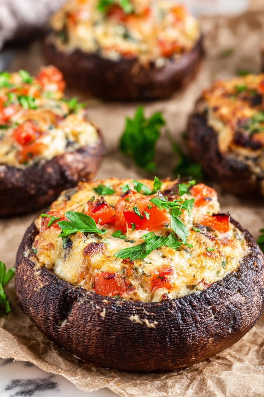 The image shows a close-up of a large, dark brown portobello mushroom cap filled with a creamy, light beige mixture topped with small chunks of orange-red tomato and bright green parsley leaves scattered on top. The mushroom has a slightly wrinkled texture on its outer edges. The dish is placed on a piece of brown parchment paper, all set on a white marbled surface. In the background, more stuffed mushrooms are visible, slightly out of focus. photo taken with an iphone --ar 2:3 --v 7 - Stuffed Portobello Mushrooms with Cheese and Veggies, vegetarian mushroom recipes, healthy stuffed mushroom ideas, cheesy veggie portobellos, easy vegetarian dinner