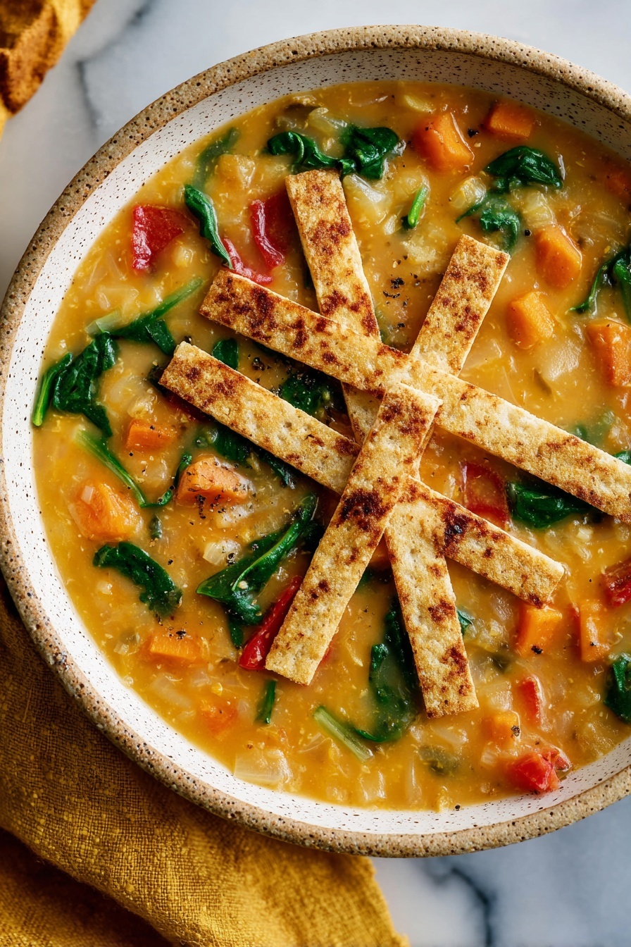 A close-up top view of a bowl filled with thick vegetable soup that has a creamy orange-yellow base with visible chunks of orange carrots, red peppers, and white pieces, along with fresh green spinach leaves mixed in. On top of the soup, there are several rectangular, toasted strips with a light brown, speckled surface arranged in a crisscross pattern. The bowl is white with a speckled rim, placed on a white marbled surface with a folded yellow cloth napkin nearby. photo taken with an iphone --ar 2:3 --v 7 - Slow Cooker Lentil Soup with Crispy Tortillas, hearty vegetarian soup, easy lentil soup recipe, comforting slow cooker dinner, healthy lentil meal