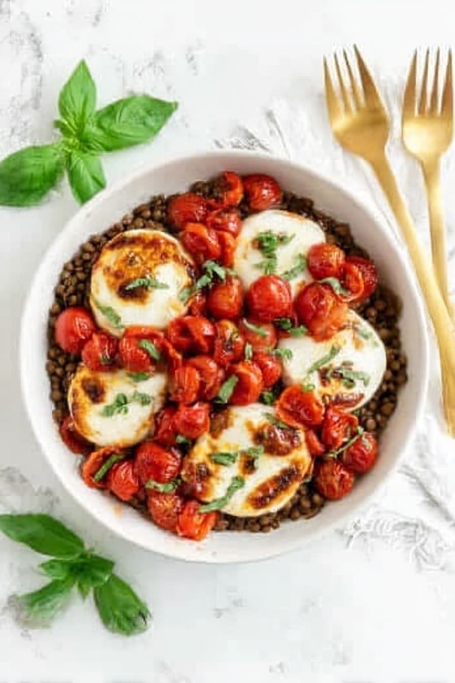 The image shows a white round bowl filled with a layer of brown cooked lentils at the bottom. On top, there are six evenly spread circular slices of white mozzarella cheese, each with melted soft texture. These cheese slices are covered with small, round, bright red cherry tomatoes that look cooked and soft, scattered over the cheese and lentils. Around the bowl, there are fresh green basil leaves placed on a white marbled surface. A woman's hand holding a gold spoon is visible at the top left edge of the image. There is also a gold fork beside the bowl on the right side. The scene is bright and clean, captured from above, photo taken with an iphone --ar 2:3 --v 7 - Caprese Stuffed Portobello Mushrooms, stuffed mushroom recipes, vegetarian appetizer ideas, healthy mushroom recipes, easy veggie appetizers