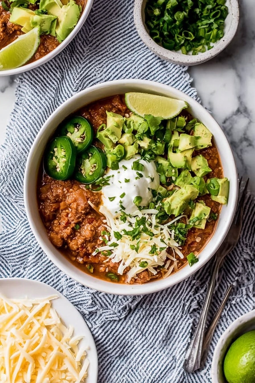 The dish is served in a white bowl placed on a blue and white striped cloth over a white marbled surface. Inside the bowl, the base layer is a thick, brown, chunky stew. On top, there is a layer of green slices of jalapeño on the left side, bright green diced avocado scattered on the right, a dollop of white sour cream in the center, shredded white cheese sprinkled below the sour cream and avocado, and small chopped green onions mixed around the cheese. The food looks fresh and colorful, with the smooth texture of the avocado contrasting the chunky stew. Nearby, a sliced lime, shredded cheese on a white plate, and small bowls of chopped green onions and herbs are partially visible. Photo taken with an iphone --ar 2:3 --v 7 - Creamy White Bean Turkey Chili, hearty turkey chili with white beans, healthy white bean turkey chili, comforting turkey chili recipes, easy white bean chili