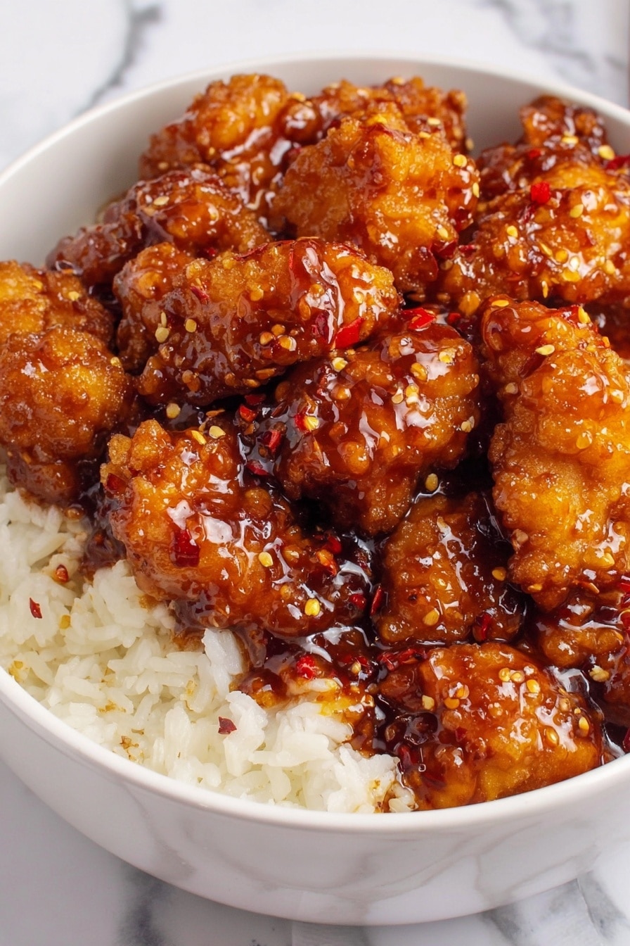 A white bowl filled with three layers: the bottom layer is white rice with a soft texture, the middle layer is white rice soaked in dark brown sauce, and the top layer consists of glossy, deep orange-brown pieces of fried chicken covered in thick, sticky sauce with visible chili flakes. The sauce looks shiny and sticky with a smooth texture. The background shows a white marbled surface. photo taken with an iphone --ar 2:3 --v 7 - Crispy General Tso's Chicken, General Tso's Chicken recipe, homemade crispy chicken, spicy sweet chicken, Chinese chicken stir-fry