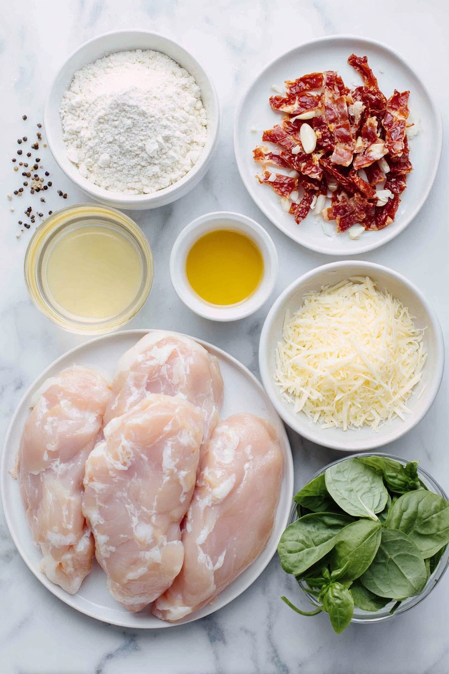 Flat lay of raw chicken cutlets, a small mound of white flour in a simple white ceramic bowl, sun dried tomatoes cut into strips on a plain white plate, a small white bowl with sun dried tomato oil, five whole uncracked garlic cloves, a small white bowl of dry white wine, a small white bowl of low sodium chicken broth, a small white bowl of heavy cream, fresh baby spinach leaves, a small white bowl filled with grated Pecorino Romano cheese, and fresh torn basil leaves arranged neatly on a plain white plate, freshly cracked black pepper and kosher salt crystals scattered artfully around, all placed on a clean white marble surface, soft natural light, photo taken with an iPhone, professional food photography style, fresh ingredients, white ceramic bowls, no bottles, no duplicates, no utensils, no packaging --ar 2:3 --v 7 --p m7354615311229779997 - Sun Dried Tomato Chicken in Creamy White Wine Sauce, chicken with sun dried tomatoes, creamy white wine chicken, easy chicken dinner recipes, flavorful chicken dishes