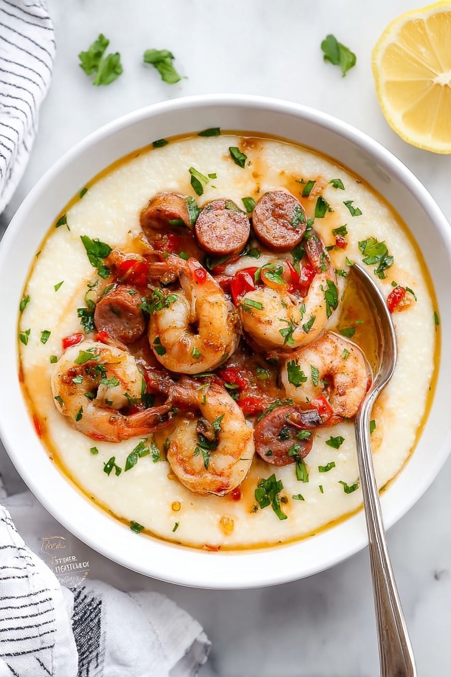 A white bowl filled with a smooth, creamy off-white base layer of grits. On top, a second layer with several pink shrimp curled around sliced brown sausage pieces and small red pepper bits, all lightly coated in a golden-brown sauce. The dish is garnished with scattered bright green chopped herbs. A silver spoon is placed inside the bowl, resting on the right edge. The background is a white marbled surface with a half lemon positioned at the top edge of the image, and a corner of a white cloth with thin black stripes visible at the bottom left. Photo taken with an iphone --ar 2:3 --v 7 - Spicy Cajun Shrimp and Grits, Cajun Shrimp and Grits, Cajun shrimp recipes, shrimp and grits spicy, Cajun comfort food