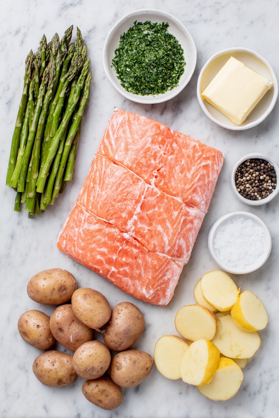 Flat lay of fresh raw salmon fillets with pink flesh and skin, a handful of halved baby potatoes with pale yellow skin, crisp green asparagus spears cut lengthwise, three whole uncracked brown garlic cloves, two bright yellow lemon slices, a small white ceramic bowl of melted butter, a small white ceramic bowl of minced fresh parsley, a small white ceramic bowl of grated lemon zest, a small white ceramic bowl of lemon juice, a small white ceramic bowl of coarse sea salt and cracked black peppercorns, all arranged with perfect symmetry and balanced proportions, placed on a clean white marble surface, soft natural light, photo taken with an iPhone, professional food photography style, fresh ingredients, white ceramic bowls, no bottles, no duplicates, no utensils, no packaging --ar 2:3 --v 7 --p m7354615311229779997 - Lemon Garlic Salmon with Roasted Asparagus, healthy baked salmon, easy seafood dinner, one-pan salmon and asparagus, quick weeknight salmon recipe