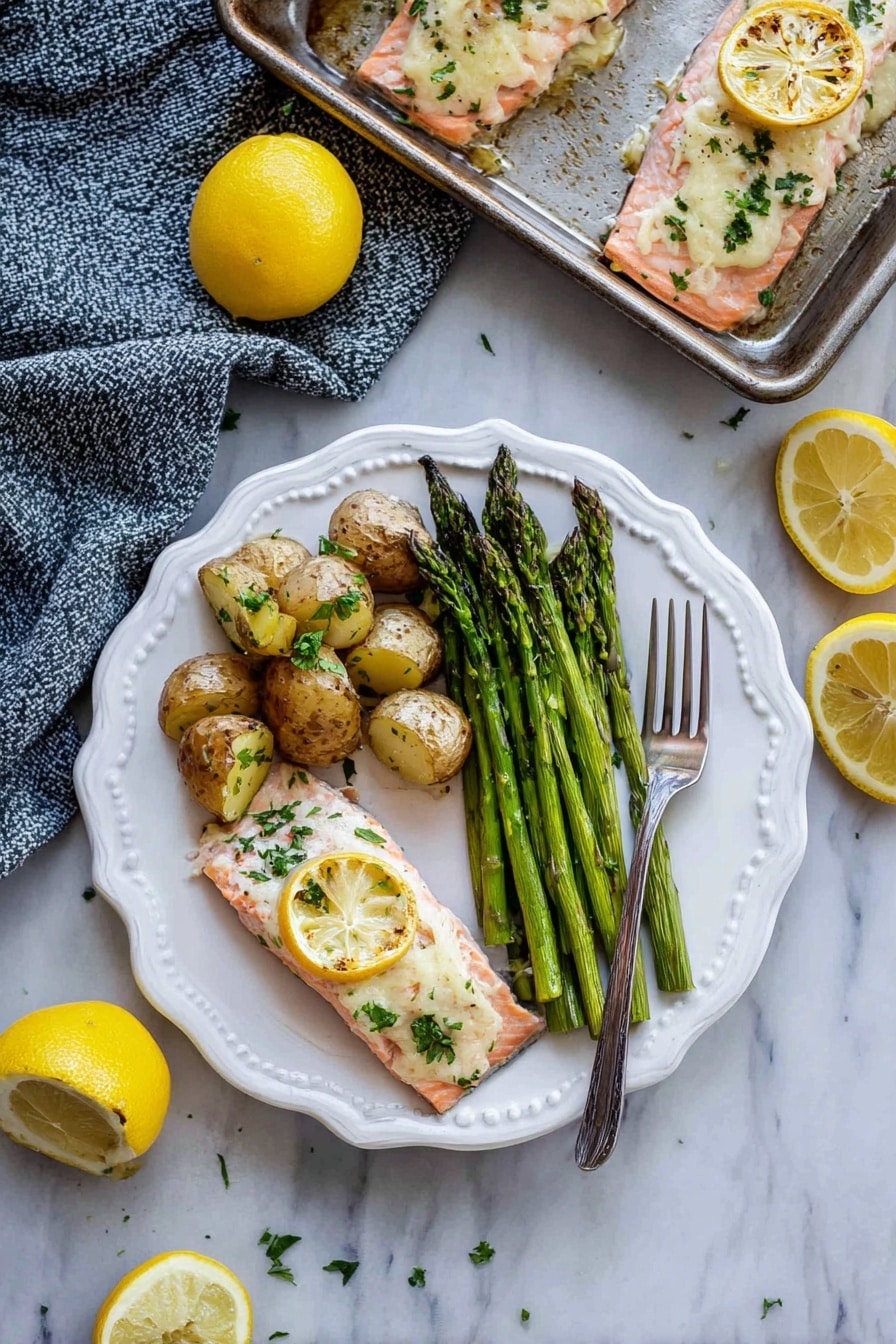 On a white plate with a scalloped edge, there is a meal organized in three parts: at the bottom is a piece of pink salmon fillet topped with melted white cheese and green herbs, positioned slightly to the right; above the salmon to the right are bright green asparagus spears neatly stacked in a small pile; to the left of the asparagus and salmon are round, light brown roasted baby potatoes with bits of parsley sprinkled on top. On the salmon, there are two slices of grilled lemon, one whole and one half visible. A metal fork lies on the right side of the plate with its tines facing the food. The plate sits on a white marbled surface, with two whole bright yellow lemons and two cut lemon halves scattered around, along with a textured blue-gray cloth in the left corner. A metal baking pan with two similar pieces of salmon in the top part of the image completes the setting. Photo taken with an iphone --ar 2:3 --v 7 - Lemon Garlic Salmon with Roasted Asparagus, healthy baked salmon, easy seafood dinner, one-pan salmon and asparagus, quick weeknight salmon recipe
