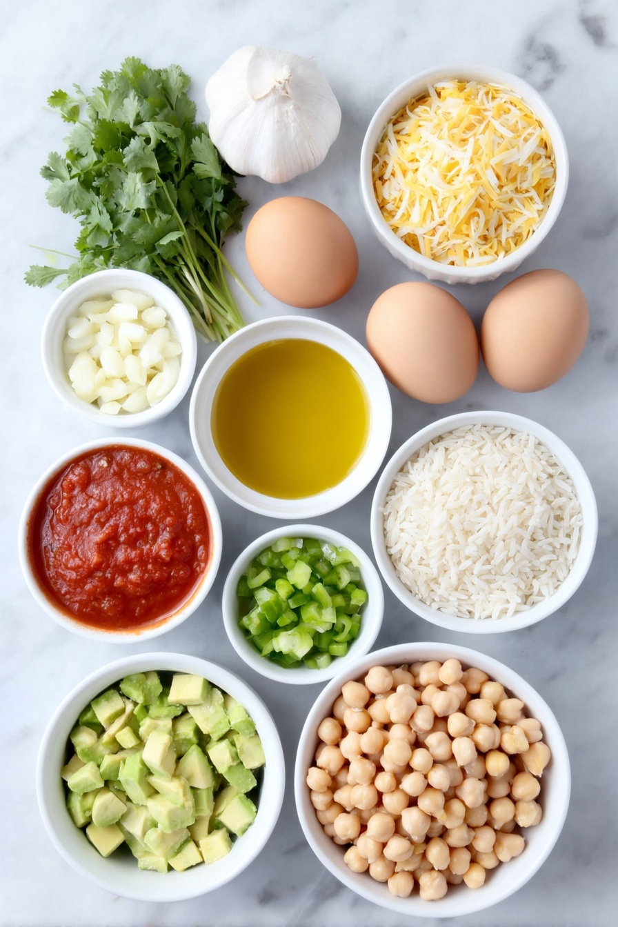 Flat lay of a small white ceramic bowl of glossy golden olive oil, a few sprigs of bright green cilantro, a small white ceramic bowl of smooth red tomato sauce, two whole uncracked brown eggs, a few cloves of fresh creamy white garlic, finely diced yellow onion, finely diced vibrant green bell pepper, a small white ceramic bowl filled with golden beige chickpeas, a small white ceramic bowl with green pigeon peas still in light broth, a small white ceramic bowl of pure white basmati rice, thin slices of ripe green avocado, and a few golden crispy tostones, all arranged with perfect symmetry on a clean white marble surface, soft natural light, photo taken with an iPhone, professional food photography style, fresh ingredients, white ceramic bowls, no bottles, no duplicates, no utensils, no packaging --ar 2:3 --v 7 --p m7354615311229779997 - Puerto Rican Chickpeas in Sofrito with Rice, Puerto Rican chickpeas recipe, sofrito chickpeas and rice, Puerto Rican vegetarian dishes, flavorful Caribbean chickpeas