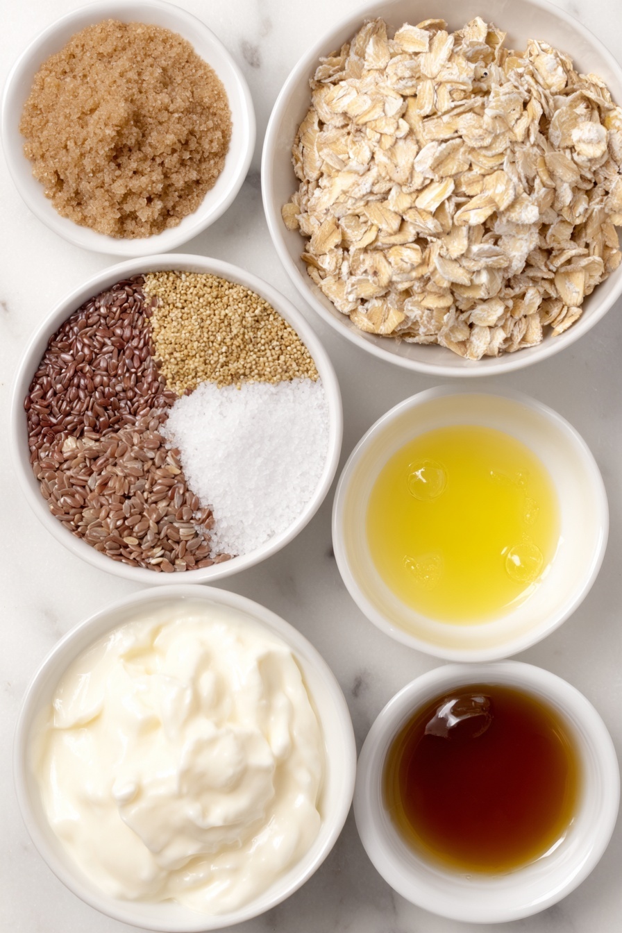 Flat lay of old-fashioned oats in a small mound, a small white ceramic bowl of brown sugar, a small white ceramic bowl of ground cinnamon, a small white ceramic bowl of chia seeds, a small white ceramic bowl of ground flaxseed, a pinch of natural salt crystals scattered neatly, a small white ceramic bowl of vanilla extract, a small white ceramic bowl with smooth coconut yogurt, a small white ceramic bowl of creamy non-dairy soy milk, a small white ceramic bowl of golden maple syrup, and a small white ceramic bowl with fresh lemon juice droplets, all arranged symmetrically and balanced, placed on a clean white marble surface, soft natural light, photo taken with an iPhone, professional food photography style, fresh ingredients, white ceramic bowls, no bottles, no duplicates, no utensils, no packaging --ar 2:3 --v 7 --p m7354615311229779997 - Cinnamon Roll Overnight Oats, overnight oats with cinnamon, easy healthy breakfast, make-ahead breakfast recipes, nutritious morning ideas