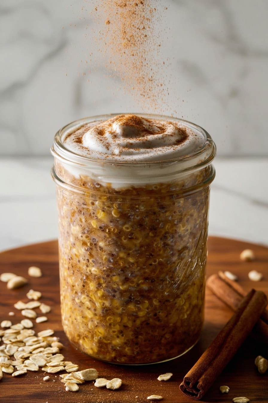 A tall, clear glass jar filled with a layered mixture that looks thick and textured, showing grains and seeds in shades of brown and yellow. On top, there is a swirl of light cream mixed with a dusting of fine cinnamon powder being sprinkled from above. The jar sits on a smooth wooden surface with cinnamon sticks placed nearby and scattered grain pieces around it. The background is a white marbled texture. photo taken with an iphone --ar 2:3 --v 7 - Cinnamon Roll Overnight Oats, overnight oats with cinnamon, easy healthy breakfast, make-ahead breakfast recipes, nutritious morning ideas