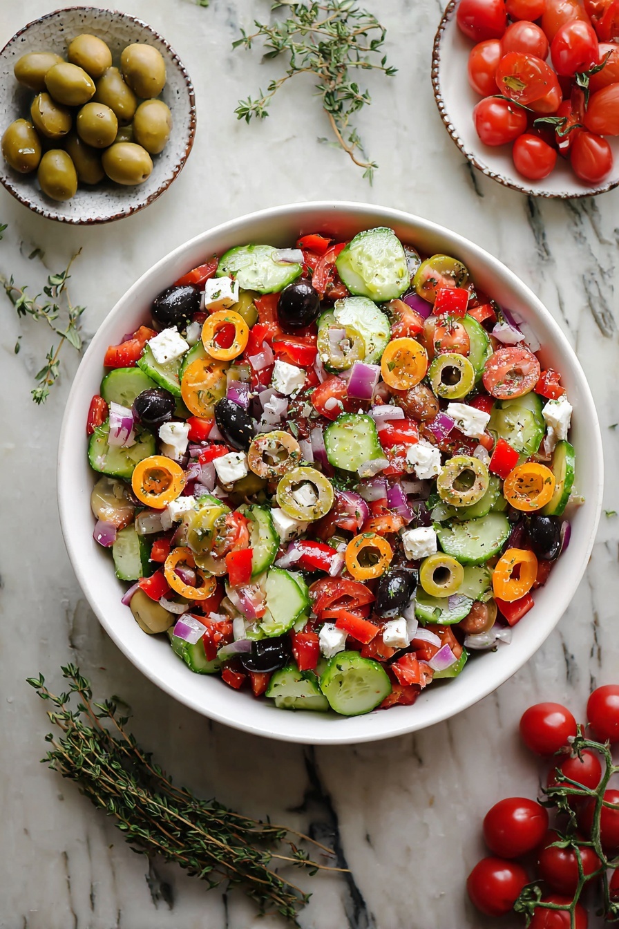 A white bowl filled with a colorful salad sits on a table with a white marbled texture. The salad has several layers: the base is made of bright green cucumber slices and red diced bell peppers, mixed with halved red and orange cherry tomatoes. Scattered throughout are sliced black and green olives in rings, adding dark and light olive tones. Tiny chunks of white cheese are spread across the top along with small pieces of purple onion. Around the bowl, there are small white plates, one with whole green and black olives and another with whole red cherry tomatoes. Some fresh green thyme sprigs are laid near the bowl. The photo looks clear and bright, taken with an iphone --ar 2:3 --v 7 - Greek Salad with Feta and Olives, Greek salad recipe, Mediterranean salad with feta, Easy Greek salad, healthy Greek salad ideas