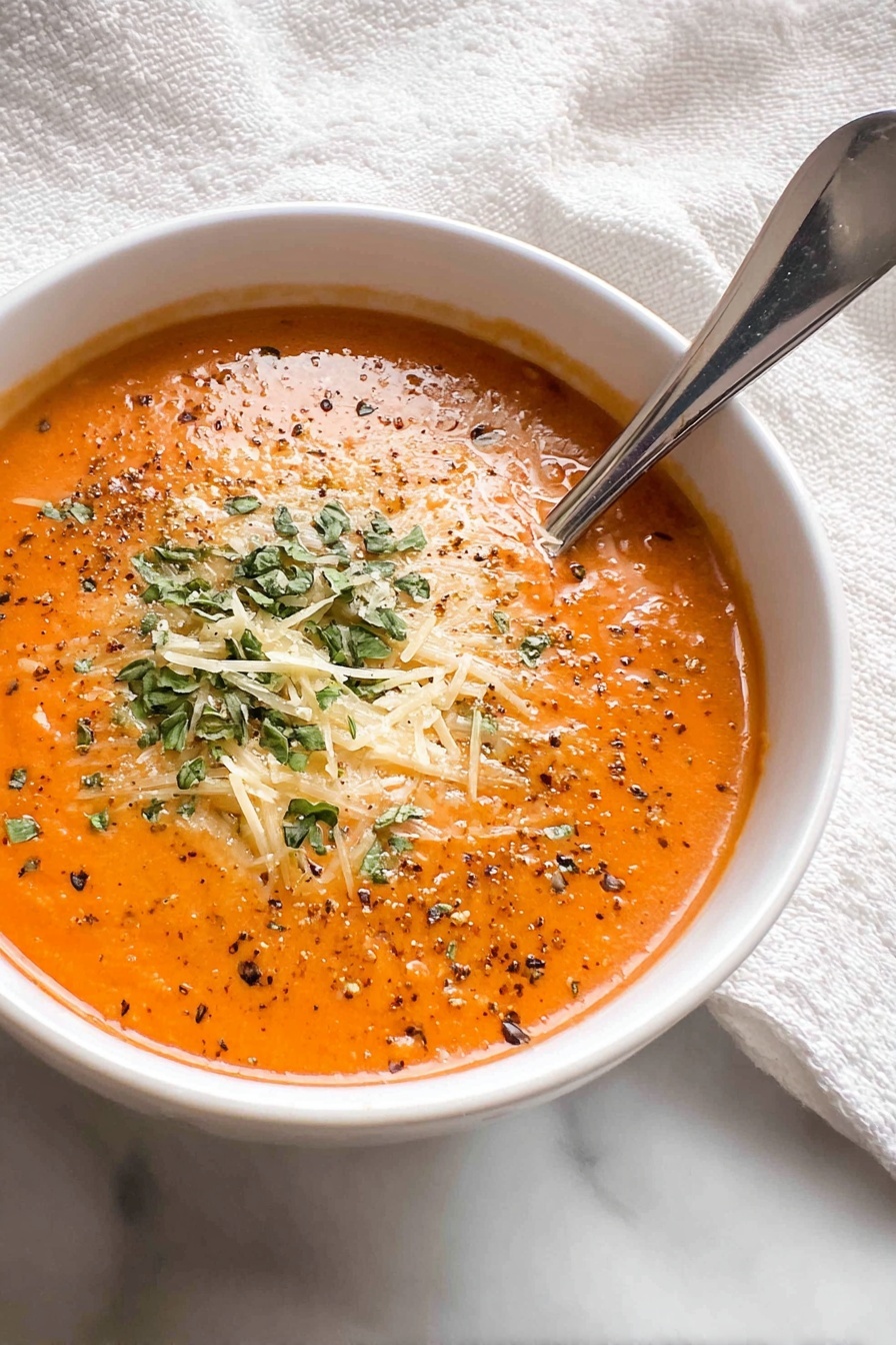 A white bowl filled with bright orange creamy soup is topped in the center with a light layer of finely grated pale yellow cheese and sprinkled with small pieces of dark green chopped herbs. Black pepper specks are scattered gently over the top. A shiny silver spoon rests inside the bowl on the right side, touching the soup's surface. The bowl sits on a white marbled surface with a soft textured white fabric in the background. Photo taken with an iphone --ar 2:3 --v 7 - Creamy Tomato Basil Soup with Parmesan, tomato basil soup, creamy tomato soup, Parmesan basil soup, easy tomato soup