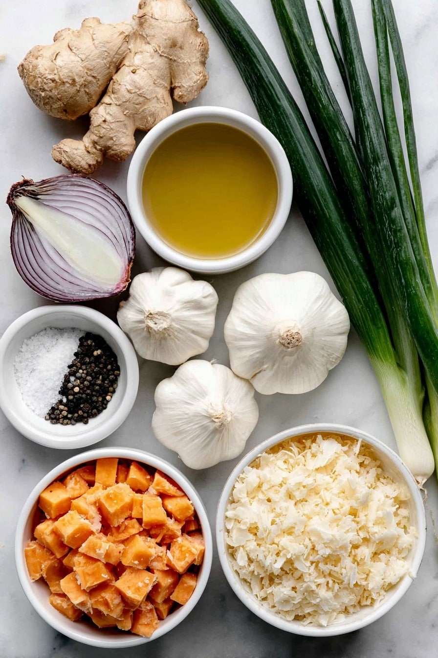 Flat lay of a small mound of golden coconut oil, a halved sweet onion with crisp white and purple layers, two whole garlic cloves with smooth papery skins, a small mound of finely grated fresh ginger root with pale yellow fibrous texture, a tiny pile of coarse salt crystals, a small heap of freshly cracked black pepper, a neat pile of vibrant orange peeled sweet potato cubes, a small white ceramic bowl filled with clear vegetable stock, a small white ceramic bowl holding creamy white coconut milk, two fresh green onions with vibrant green tops and white bulbs, and a small white ceramic bowl containing pale beige hemp hearts, all arranged symmetrically on a clean white marble surface, soft natural light, photo taken with an iPhone, professional food photography style, fresh ingredients, white ceramic bowls, no bottles, no duplicates, no utensils, no packaging --ar 2:3 --v 7 --p m7354615311229779997 - Ginger Sweet Potato Soup, healthy sweet potato soup, cozy ginger soup, vegan sweet potato soup, comforting ginger soup