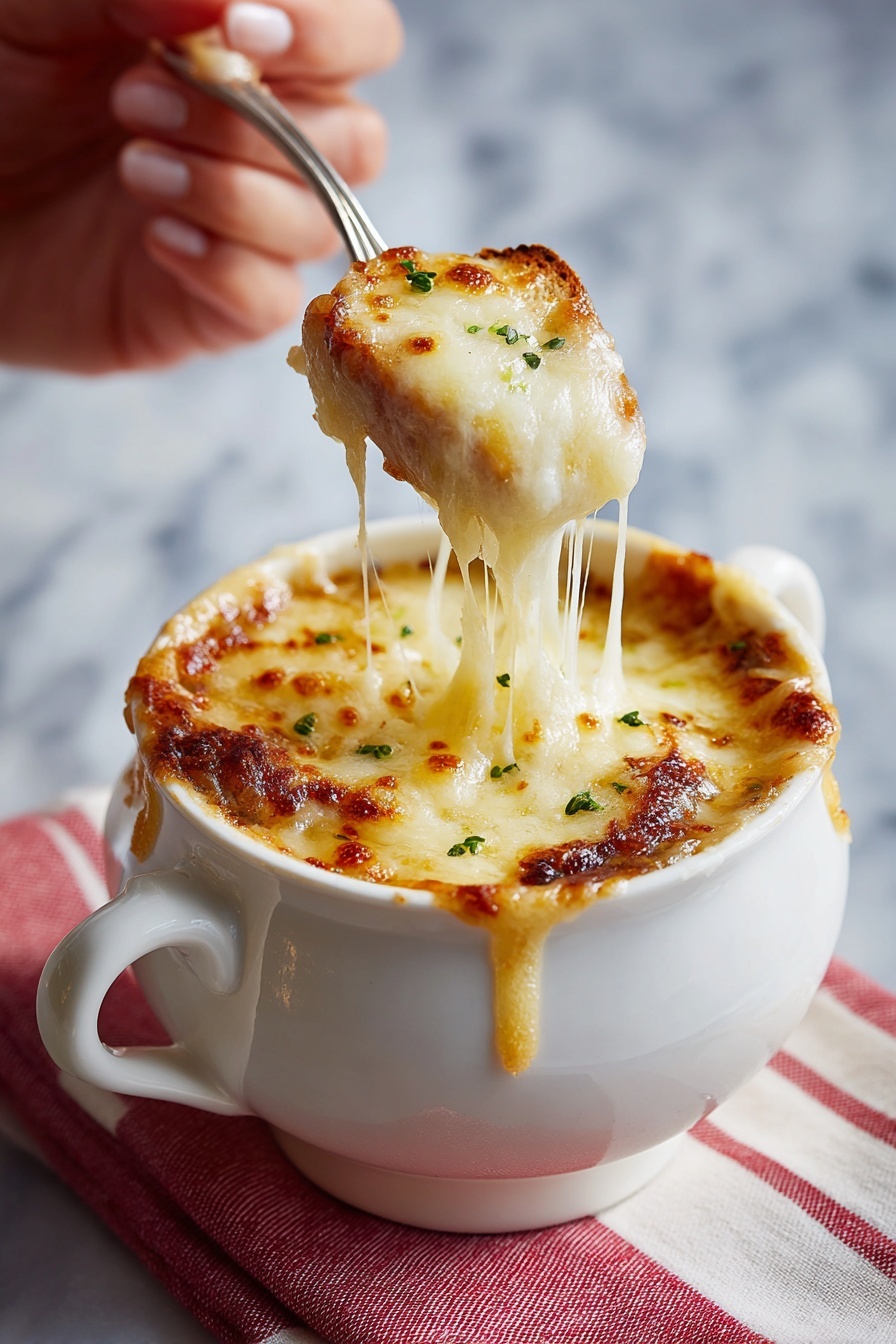 A close-up image of a white ceramic bowl filled with French onion soup. The top layer is melted light golden cheese with a slightly browned, bubbly texture, garnished with small green herbs. A spoon held by a woman's hand scoops up a portion, showing gooey, stringy cheese stretching from the bowl. Below the cheese, you can see soft caramelized onions and dark brown toasted bread pieces. The bowl sits on a white marbled surface with a red and white cloth blurred in the background. Photo taken with an iphone --ar 2:3 --v 7 - French Onion Soup with Gruyère, best French onion soup, caramelized onion soup, cheesy onion soup, classic French onion soup