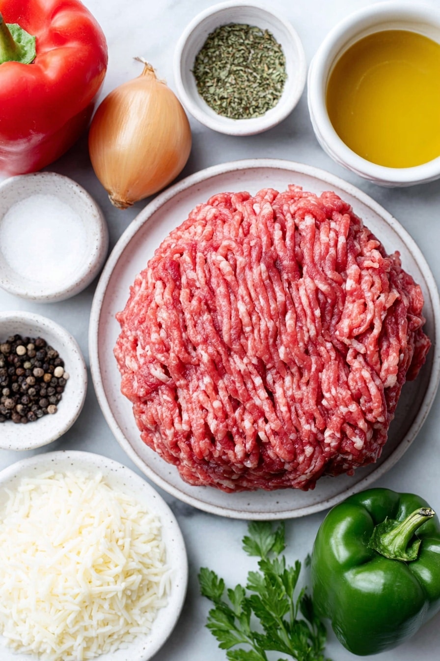 Flat lay of a mound of fresh raw lean ground beef, a small pile of coarse kosher salt and a few cracks of freshly ground black peppercorns, a small white ceramic bowl of extra virgin olive oil, one small yellow onion whole and peeled with smooth skin, one whole red bell pepper with glossy skin, one whole green bell pepper with shiny surface, four whole garlic cloves with papery skins, three small white ceramic bowls each filled with dried basil, dried oregano, and dried thyme, two small white ceramic bowls each filled with fire-roasted diced tomatoes and rich tomato sauce, a small white ceramic bowl of low-sodium beef broth, a small mound of cooked white rice, a small pile of shaved parmesan cheese, and a small bunch of roughly chopped fresh parsley, all items arranged symmetrically on a clean white marble surface, soft natural light, photo taken with an iPhone, professional food photography style, fresh ingredients, white ceramic bowls, no bottles, no duplicates, no utensils, no packaging --ar 2:3 --v 7 --p m7354615311229779997 - Stuffed Pepper Soup, Stuffed Pepper Soup with Rice, Easy Stuffed Pepper Soup, Hearty Stuffed Pepper Soup Recipe, Comforting Soup Recipes