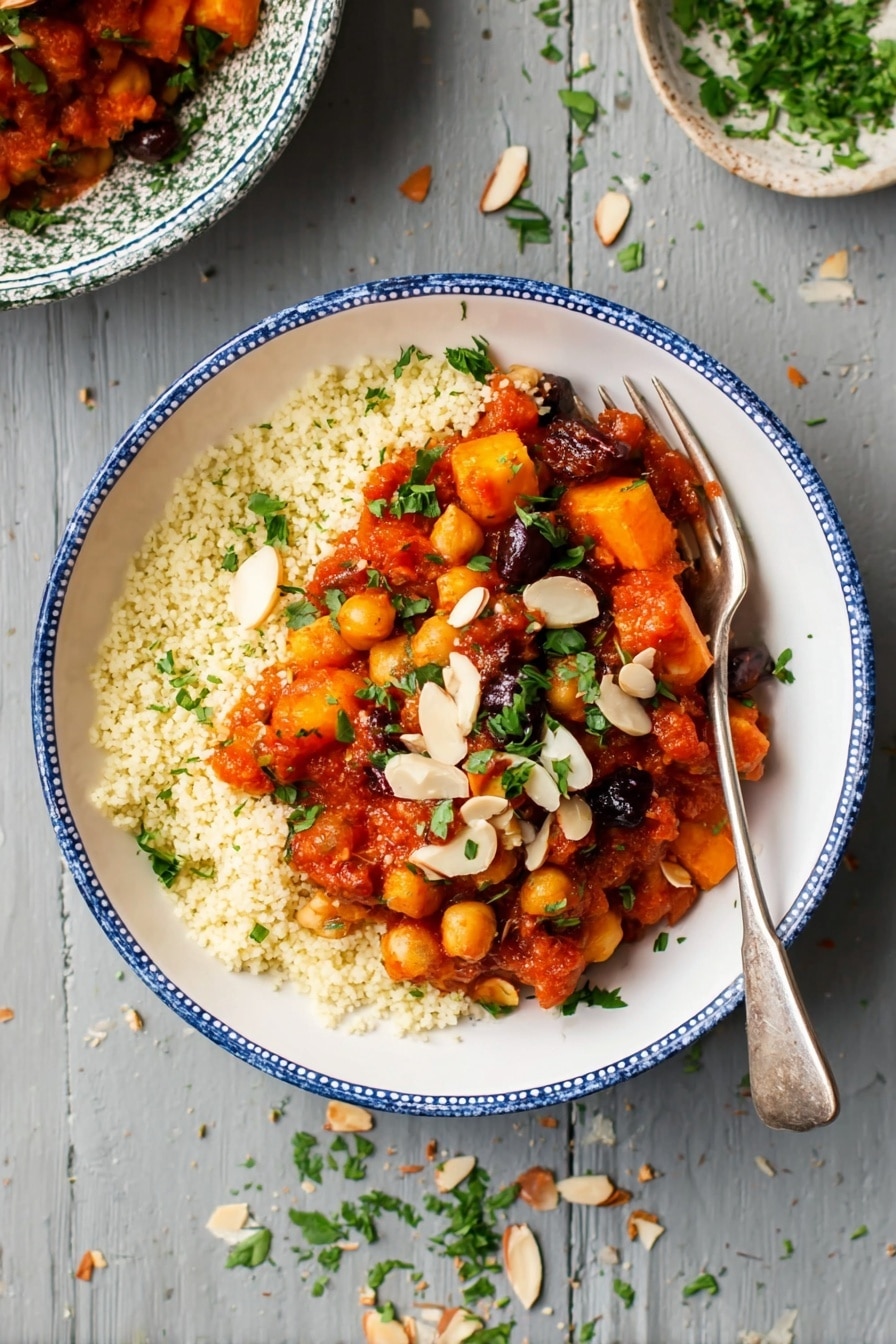 The image shows a white bowl with a blue rim, filled with two main layers. The bottom layer is light yellow couscous, soft and grainy in texture, covering half of the bowl. The top layer is a chunky mix of tomato sauce, chickpeas, and roasted orange sweet potato pieces, scattered across the couscous. The sauce has a rich red color, dotted with dark olives and fresh green parsley leaves on top. Thin almond slices are sprinkled over the dish, adding a crunchy contrast. A silver fork rests on the right side of the bowl, partly inside the dish. The bowl sits on a rough wooden surface with small parsley leaves and almond pieces scattered around. In the background, part of a black pan with more of the same stew and a green bowl of almonds are visible. Photo taken with an iphone --ar 2:3 --v 7 - Moroccan Chickpea Stew with Sweet Potatoes, hearty Moroccan chickpea stew, flavorful vegan stew, spicy sweet potato and chickpea recipe, healthy Moroccan vegetarian dish