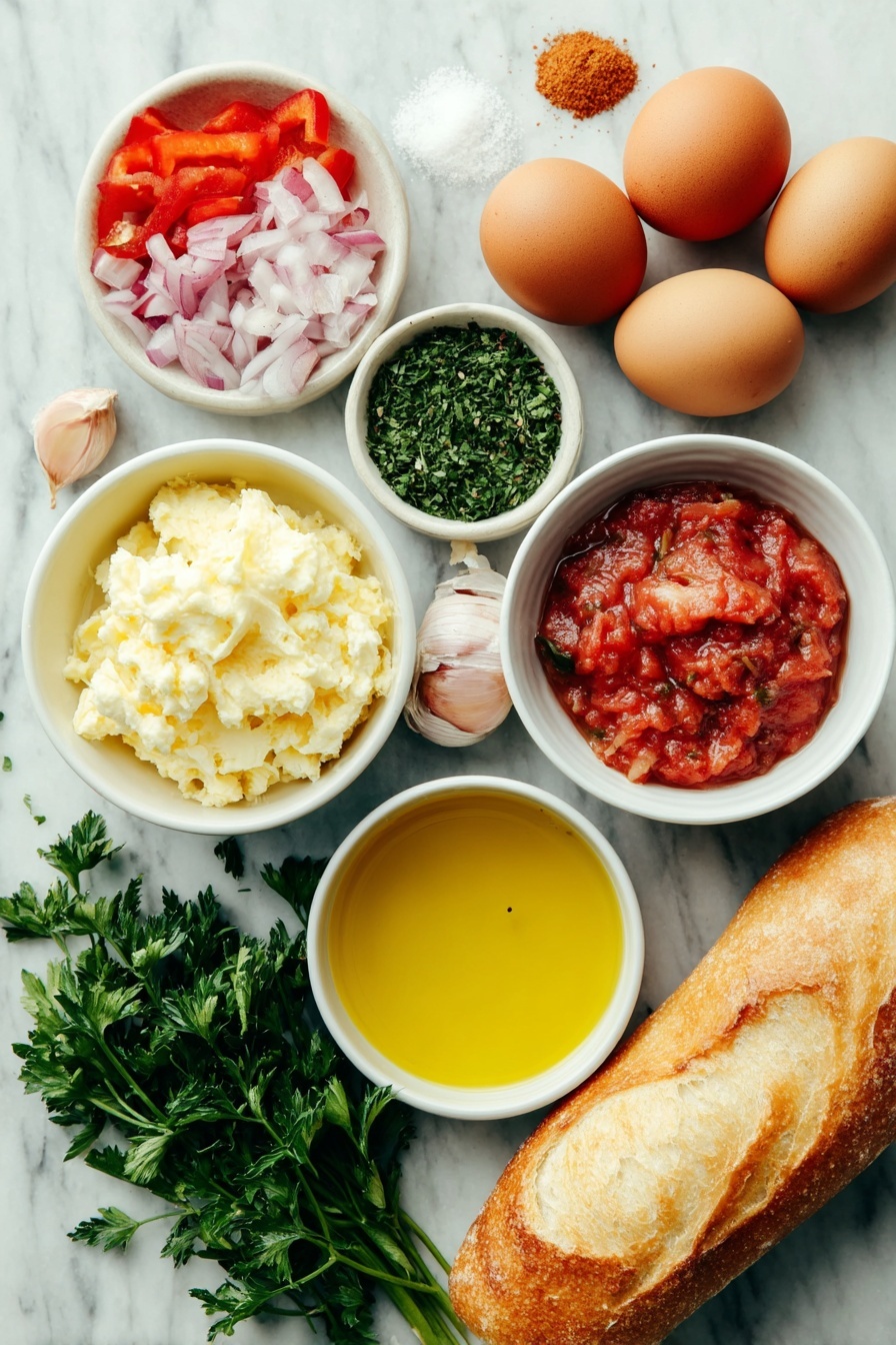 Flat lay of a small white ceramic bowl of golden olive oil, a small white ceramic bowl containing bright red tomato paste, a small white ceramic bowl filled with rich crushed tomatoes, a small white ceramic bowl with light golden chicken broth, a small white ceramic bowl holding a blend of vibrant paprika, cumin, black pepper, and cayenne pepper powders, a small white ceramic bowl of fine white salt, one small peeled red onion halved and sliced, one small red capsicum halved and sliced into strips, one ripe diced red tomato, one whole garlic clove minced and arranged nearby, four whole clean uncracked brown eggs, a small bunch of fresh roughly chopped green parsley, and two pieces of rustic crusty bread, all placed on a clean white marble surface, soft natural light, photo taken with an iPhone, professional food photography style, fresh ingredients, white ceramic bowls, no bottles, no duplicates, no utensils, no packaging --ar 2:3 --v 7 --p m7354615311229779997 - Shakshuka with Spiced Tomato and Eggs, Middle Eastern breakfast dish, flavorful egg recipes, easy brunch ideas, tomato and egg skillet
