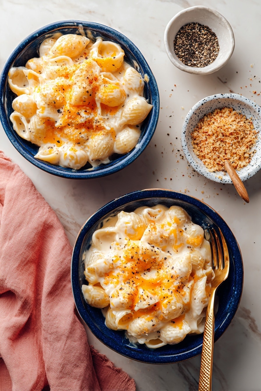 The image shows two white bowls with a deep blue inside, each filled with creamy macaroni and cheese made from shell pasta coated in a smooth white cheese sauce with patches of melted bright orange cheese on top. The cheese sauce is thick and glossy, slightly pooling around the pasta. A gold fork with a textured handle rests inside the main bowl on the right side. The bowls sit on a white marbled surface with a pink cloth napkin folded beside the main bowl. To the top right, there is a white bowl with blue speckles filled with golden-brown breadcrumbs and a gold spoon resting in it, while a small white bowl filled with coarse black pepper is in the top left. Some black pepper is scattered on the surface around the bowls. Photo taken with an iphone --ar 2:3 --v 7 - Creamy Spinach Lasagna, vegetarian lasagna with spinach, easy spinach lasagna, cheesy spinach lasagna, cozy lasagna recipes