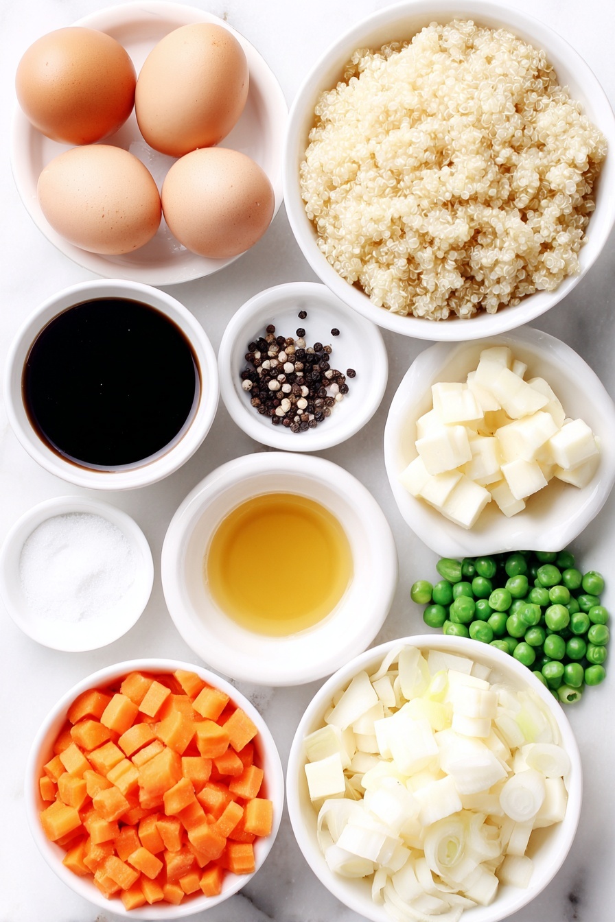 Flat lay of a small mound of fluffy cooked quinoa, two brown whole eggs, a few peeled and diced bright orange carrots, a small diced white onion, a small handful of fresh green peas, three peeled garlic cloves, a small bunch of thinly sliced green onions, a small white bowl of dark soy sauce, a small white bowl of amber oyster sauce, a small white bowl of golden toasted sesame oil, a few small pats of creamy butter, salt and black peppercorns scattered neatly, all arranged symmetrically on simple white ceramic bowls and plates, placed on a clean white marble surface, soft natural light, photo taken with an iPhone, professional food photography style, fresh ingredients, white ceramic bowls, no bottles, no duplicates, no utensils, no packaging --ar 2:3 --v 7 --p m7354615311229779997 - Healthy Quinoa Fried Rice, quinoa fried rice recipe, healthy fried rice, quick healthy dinner, protein-packed rice alternative