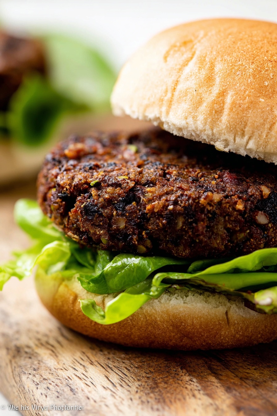 A close-up image shows a thick, dark brown veggie patty with a rough, toasted texture, sitting on a bed of bright green, crinkled lettuce leaves. The patty rests on the bottom half of a light, soft bun, all placed on a wooden surface replaced with white marbled texture. The background is bright and blurred, focusing attention on the patty’s charred and crumbly outer layer photo taken with an iphone --ar 2:3 --v 7 - Best Black Bean Burgers, vegetarian burger recipes, easy black bean burgers, healthy burger ideas, flavorful veggie burgers