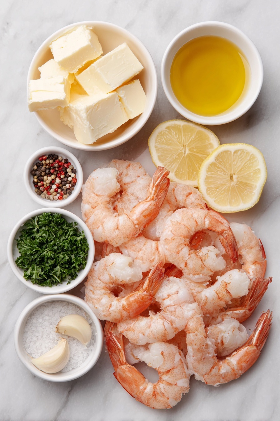 Flat lay of large raw shrimp with shells peeled and tails on, a small white bowl of unsalted butter chunks, a small white bowl of extra virgin olive oil, four whole garlic cloves, a small white bowl with red pepper flakes, a small white bowl of dry white wine, a small white bowl of fresh lemon juice, a small white bowl of chopped fresh parsley, two lemon wedges, coarse salt crystals, and black peppercorns scattered neatly, all arranged symmetrically on a clean white marble surface, soft natural light, photo taken with an iPhone, professional food photography style, fresh ingredients, white ceramic bowls, no bottles, no duplicates, no utensils, no packaging --ar 2:3 --v 7 --p m7354615311229779997 - Quick Garlic Shrimp Scampi, garlic shrimp dinner, easy shrimp recipes, quick seafood dishes, flavorful shrimp scallop