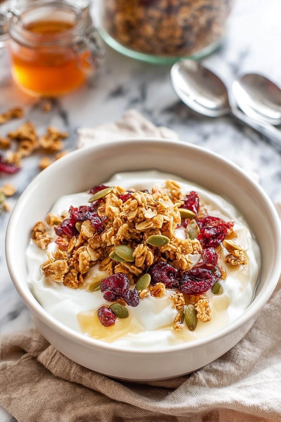 A white bowl filled with a thick layer of creamy white yogurt as the base, topped with a generous layer of golden-brown granola mixed with scattered dried red cranberries and green pumpkin seeds. The granola pieces have a slightly rough and chunky texture with a light drizzle of honey adding a shiny, amber glaze over the top. The bowl sits on a white marbled surface with a glass jar of granola and a glass of honey blurred softly in the background. Two silver spoons rest nearby on a beige cloth napkin. photo taken with an iphone --ar 2:3 --v 7 - Homemade Granola Clusters, crunchy granola snack, healthy granola recipe, homemade granola ingredients, easy granola clusters