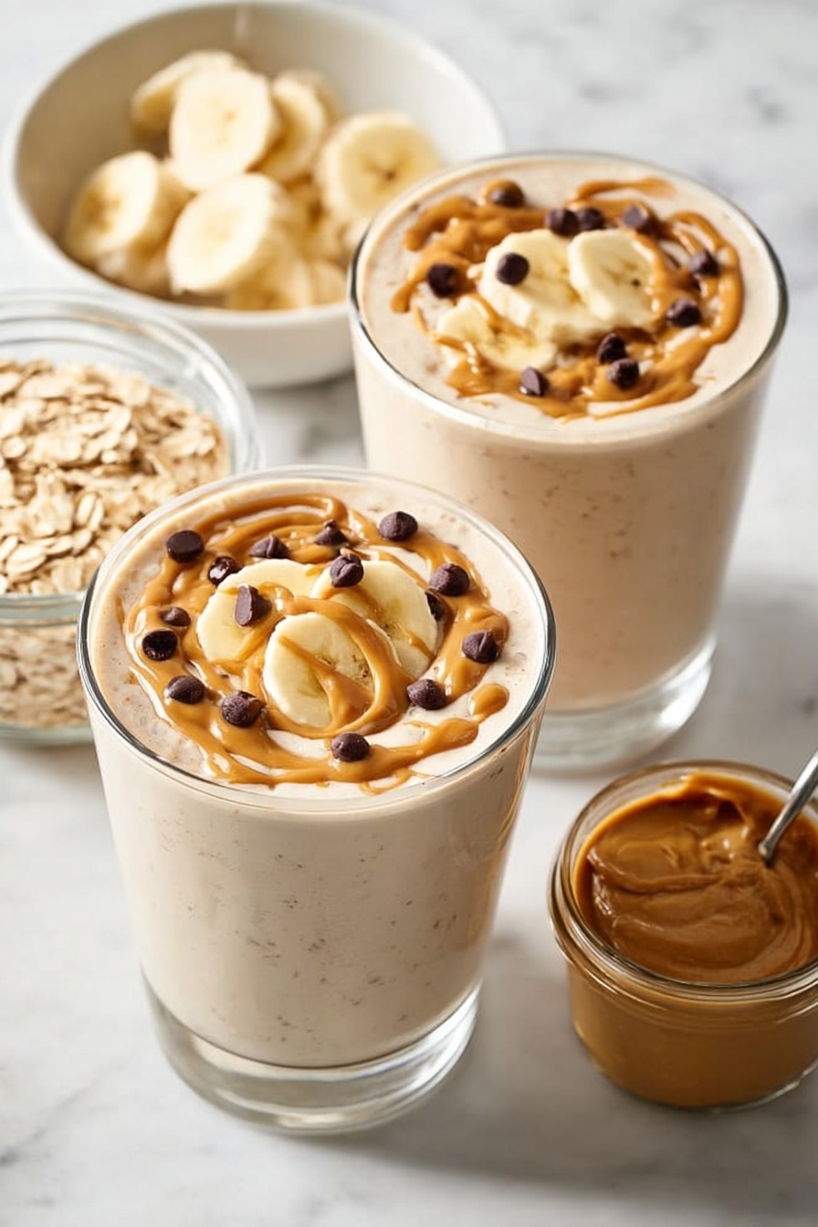 Two clear glasses filled with a creamy light beige smoothie, each topped with slices of banana arranged in the center. A swirl of light brown peanut butter is drizzled over the top, creating a textured, wavy pattern. Small dark chocolate chips are scattered across the surface of the smoothie around the banana slices. In the background, a white bowl holds additional banana slices, and a glass jar filled with light brown oatmeal sits beside them. A small glass container of creamy peanut butter is positioned in the foreground. All items are placed on a white marbled surface. Photo taken with an iphone --ar 2:3 --v 7 - Healthy Peanut Butter Banana Smoothie, healthy banana smoothie, nutritious peanut butter smoothie, quick healthy smoothie, wholesome breakfast drink