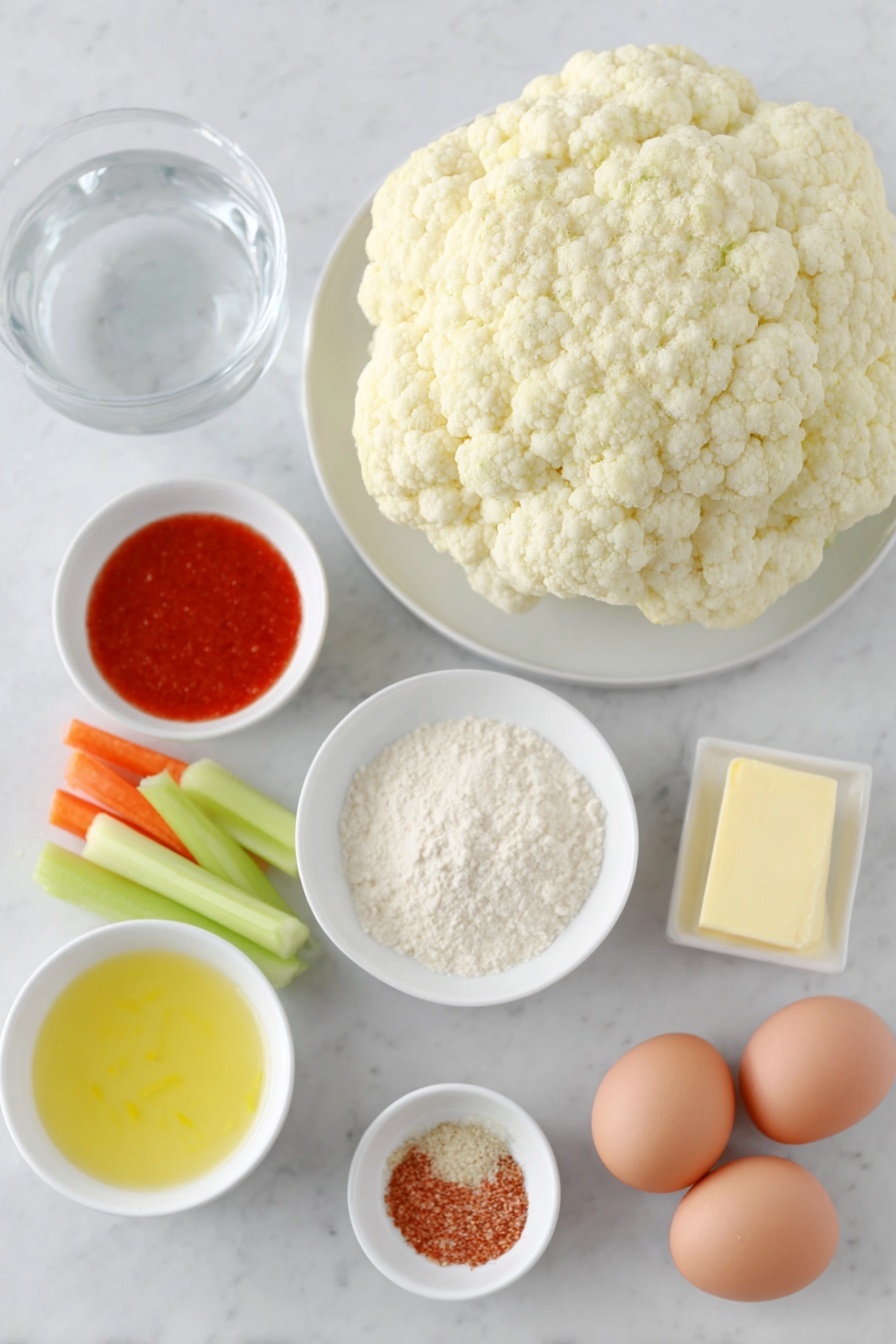 Flat lay of a large fresh head of cauliflower cut into florets, a small mound of all-purpose flour on a white ceramic plate, a small white ceramic bowl filled with clear water, a small white ceramic bowl with bright orange-red hot sauce, a few sticks of bright orange carrots, a few crisp green celery sticks, a small pat of melted yellow butter on a white ceramic dish, a small white ceramic bowl containing smooth ranch or blue cheese dressing, a small white bowl with vibrant yellow lemon juice, a small white bowl holding a mixture of garlic powder, paprika, salt, and black pepper powders arranged separately but neatly, two whole brown eggs with clean shells on a white ceramic plate placed on a clean white marble surface, soft natural light, photo taken with an iPhone, professional food photography style, fresh ingredients, white ceramic bowls, no bottles, no duplicates, no utensils, no packaging --ar 2:3 --v 7 --p m7354615311229779997 - Spicy Buffalo Cauliflower Bites, buffalo cauliflower appetizer, spicy veggie snack, healthy buffalo cauliflower, crispy cauliflower bites