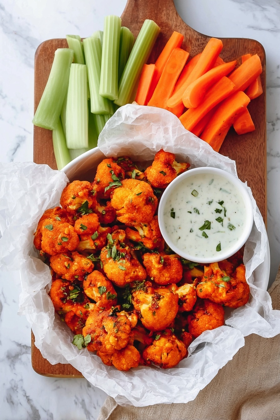 The image shows a round white bowl lined with crinkled white parchment paper filled with bright orange battered cauliflower pieces sprinkled with small green herbs. Inside the bowl, on the right side, there is a small white round bowl of creamy white dipping sauce with green herb bits on top. Behind the bowl is a wooden cutting board with fresh green celery sticks and bright orange carrot slices neatly arranged. The whole setup is on a white marbled surface with a beige cloth partially visible on the right side. photo taken with an iphone --ar 2:3 --v 7 - Spicy Buffalo Cauliflower Bites, buffalo cauliflower appetizer, spicy veggie snack, healthy buffalo cauliflower, crispy cauliflower bites
