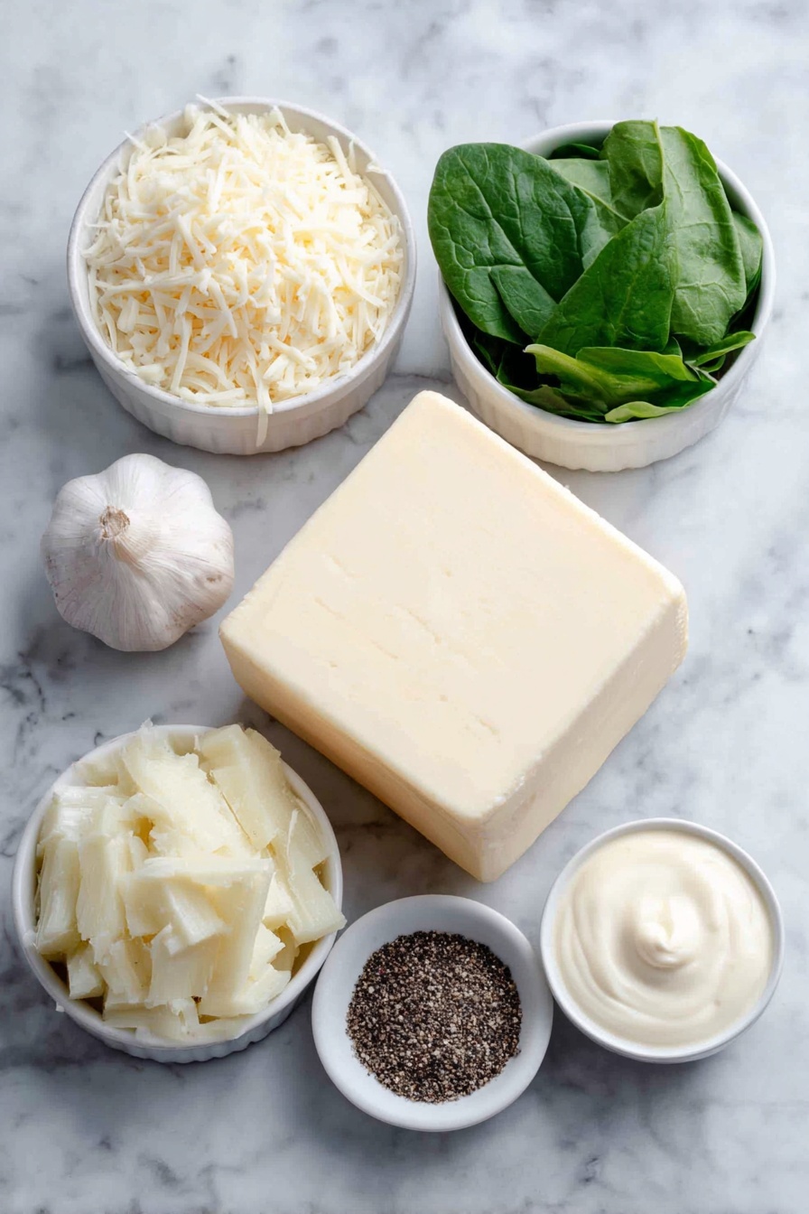 Flat lay of a small block of creamy, softened cream cheese, a small white bowl of smooth sour cream, a small white bowl of thick mayonnaise, a single whole garlic bulb with one clove peeled beside it, a small white bowl filled with finely shredded pale yellow parmesan cheese, a small white bowl with finely shredded white mozzarella cheese, a few fresh green spinach leaves neatly arranged, a small white bowl containing chopped artichoke hearts with natural green and pale yellow hues, and a small white bowl of freshly ground black pepper placed in a precise circle, all arranged symmetrically and balanced on a clean white marble surface, soft natural light, photo taken with an iPhone, professional food photography style, fresh ingredients, white ceramic bowls, no bottles, no duplicates, no utensils, no packaging --ar 2:3 --v 7 --p m7354615311229779997 - Cheesy Spinach Artichoke Dip, spinach artichoke dip, cheesy party dip, creamy spinach dip, easy appetizer recipes