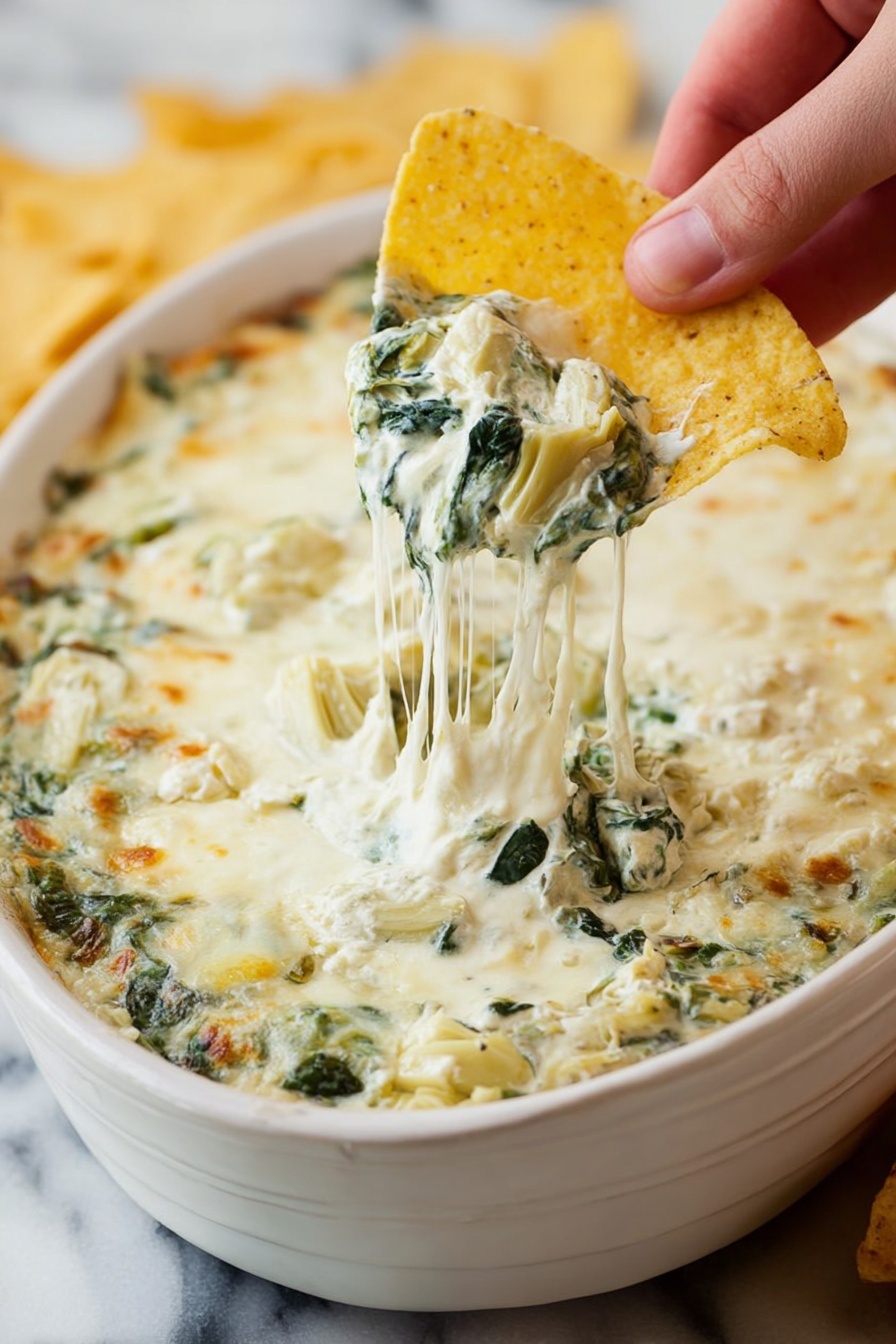 A close-up image shows a woman's hand dipping a large yellow tortilla chip into a white ceramic shallow dish filled with a creamy layered spinach and cheese dip. The dip has three visible layers: the top layer is melted white cheese with shiny, stretchy texture that pulls down from the chip; underneath is a mix of green spinach leaves and white creamy cheese, and at the bottom there are chunks of artichoke or similar vegetable giving rough texture. The dish sits on a white marbled surface. Photo taken with an iphone --ar 2:3 --v 7 - Cheesy Spinach Artichoke Dip, spinach artichoke dip, cheesy party dip, creamy spinach dip, easy appetizer recipes