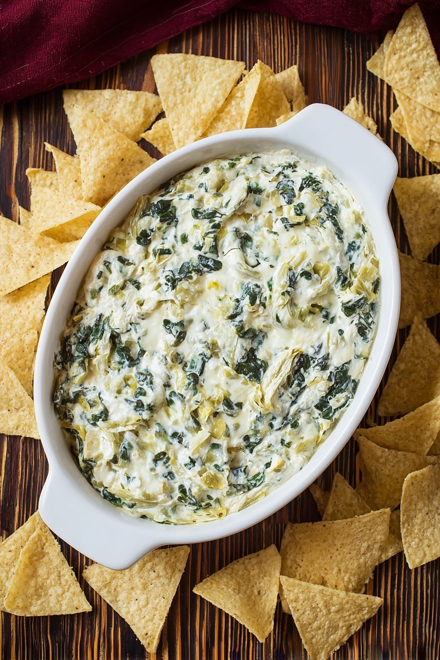 A white oval dish filled with creamy spinach and artichoke dip, showing a mix of white, light green, and dark green colors from melted cheese, chopped spinach, and artichoke pieces. The dip has a slightly rough texture with visible leafy bits and soft chunks throughout. Surrounding the dish are scattered triangle-shaped tortilla chips with a light yellow color. The dish is placed on a wooden surface with narrow dark brown stripes and a dark red cloth is partly visible in the top left corner. Photo taken with an iphone --ar 2:3 --v 7 - Cheesy Spinach Artichoke Dip, spinach artichoke dip, cheesy party dip, creamy spinach dip, easy appetizer recipes