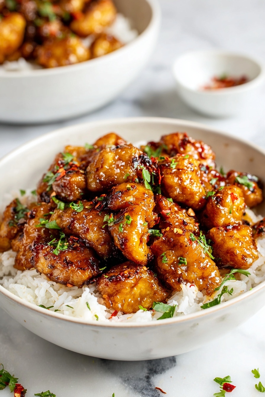 A white bowl filled with a bed of white rice as the bottom layer, topped with a thick layer of small, golden-brown glazed chicken pieces that have a shiny, sticky sauce coating. The chicken is sprinkled with finely chopped green herbs and small red chili flakes, adding hints of green and red colors. The bowl sits on a white marbled surface, with a small white bowl in the background and a part of another bowl filled with the same dish slightly blurred behind. Photo taken with an iphone --ar 2:3 --v 7 - Sweet Honey Garlic Chicken Bites, quick chicken dinner, easy chicken recipes, flavorful chicken bites, 20-minute chicken meal