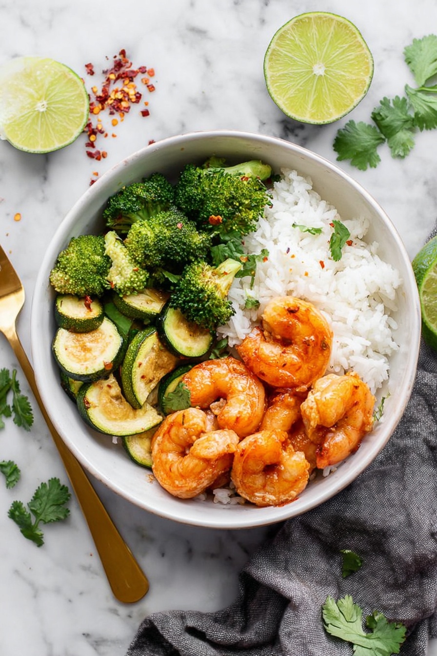 A white bowl sits on a white marbled surface, filled with three main layers arranged side by side. On the top right is a layer of cooked shrimp, orange and slightly glazed, showing a soft, curved texture. Below the shrimp is a portion of white rice, fluffy and slightly separated. To the left of the rice are two types of vegetables: bright green broccoli florets on the upper half, and slices of sautéed zucchini with a mix of dark and light green skin on the lower half. Beside the bowl, there is a gold fork resting on a gray cloth. Two halves of a lime and scattered cilantro leaves and red chili flakes surround the bowl. Photo taken with an iphone --ar 2:3 --v 7 - Spicy Shrimp Buddha Bowl, healthy shrimp Buddha bowl, quick shrimp Buddha bowl, flavorful Buddha bowl with shrimp, easy spicy shrimp meal